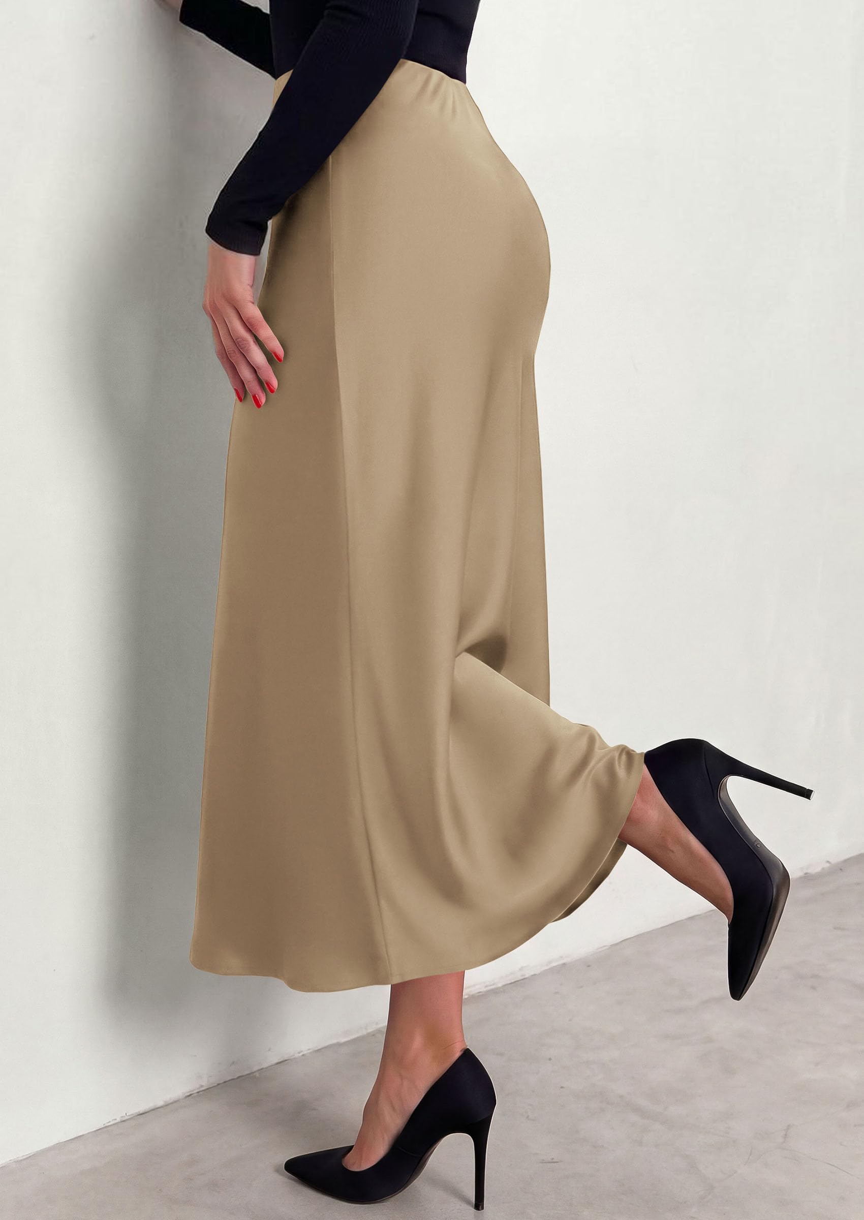 Women's Silk Satin Maxi Skirts Fall Clothes (Khaki,S)