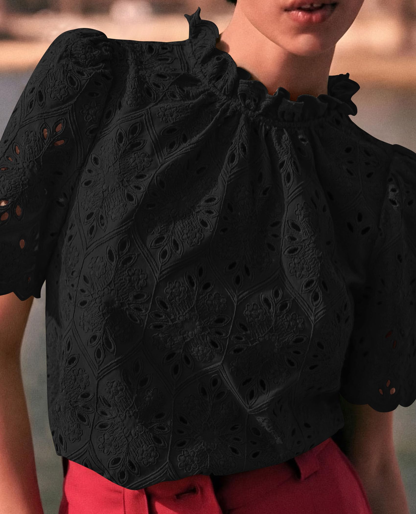 Women Summer Tops Eyelet Embroidered Shirts,Black,XS