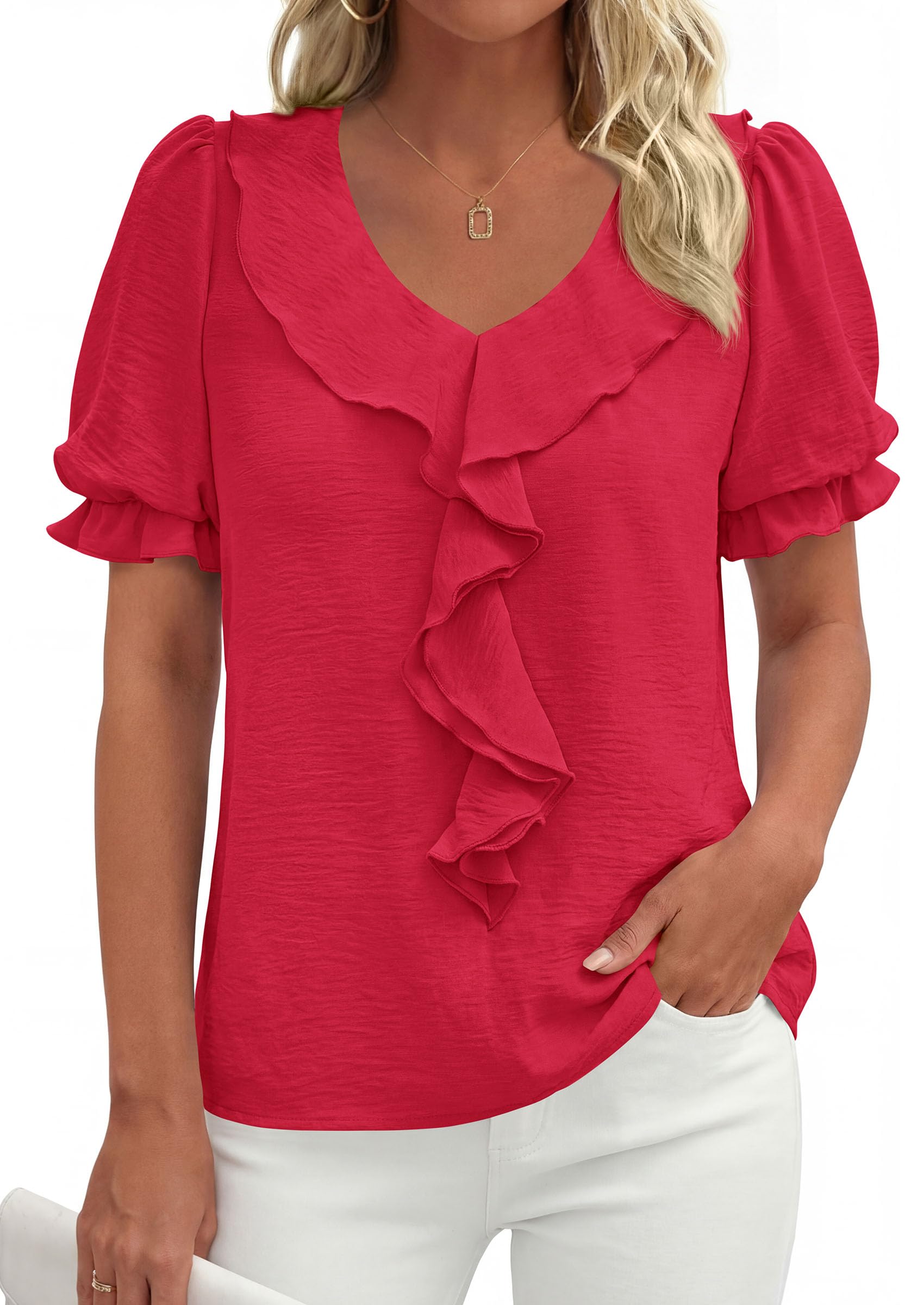 Women's Summer Ruffle Dressy Casual Blouses (Red,S)