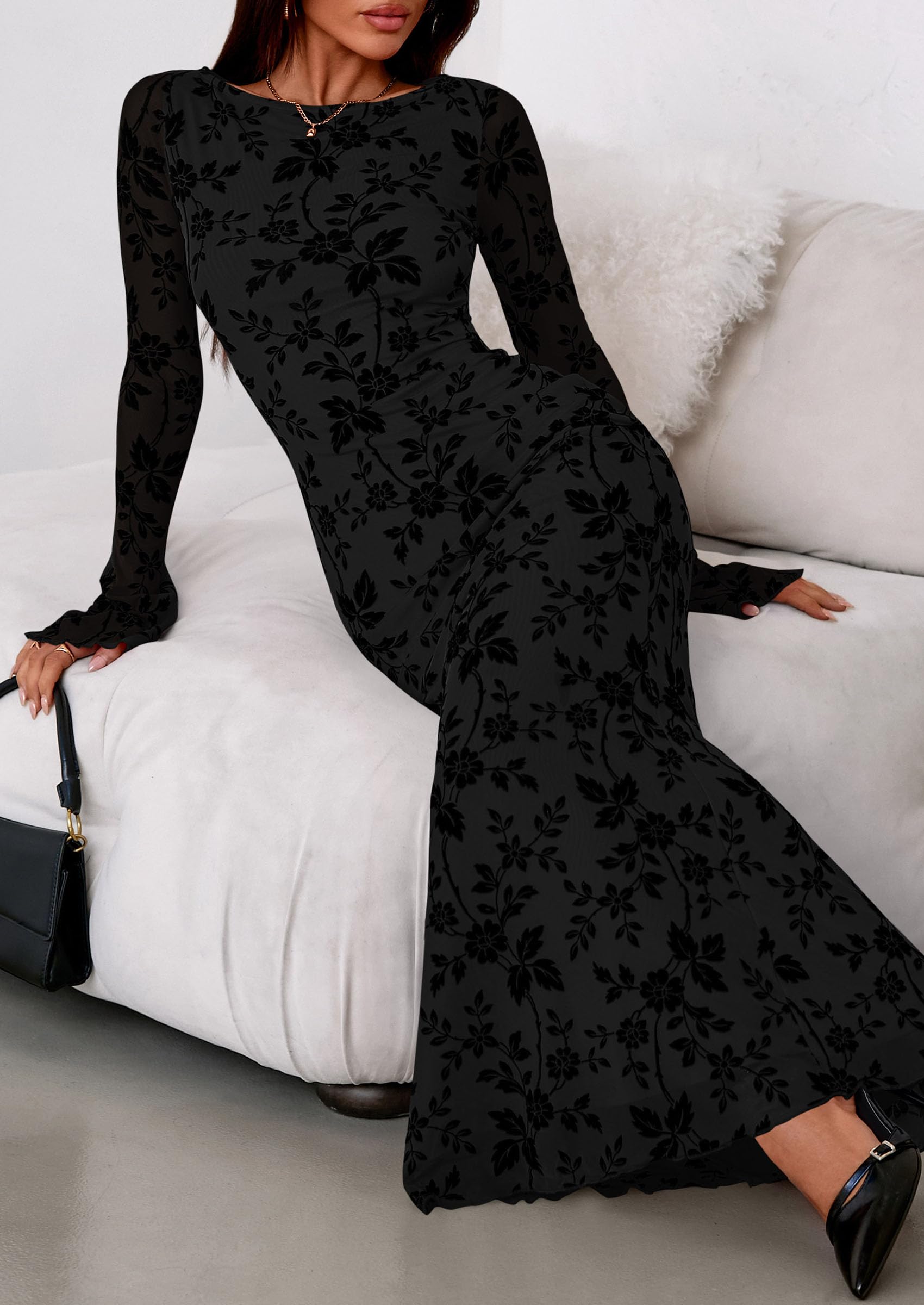 Women's Floral Bodycon Maxi Dress Wedding Guest Dresses Black