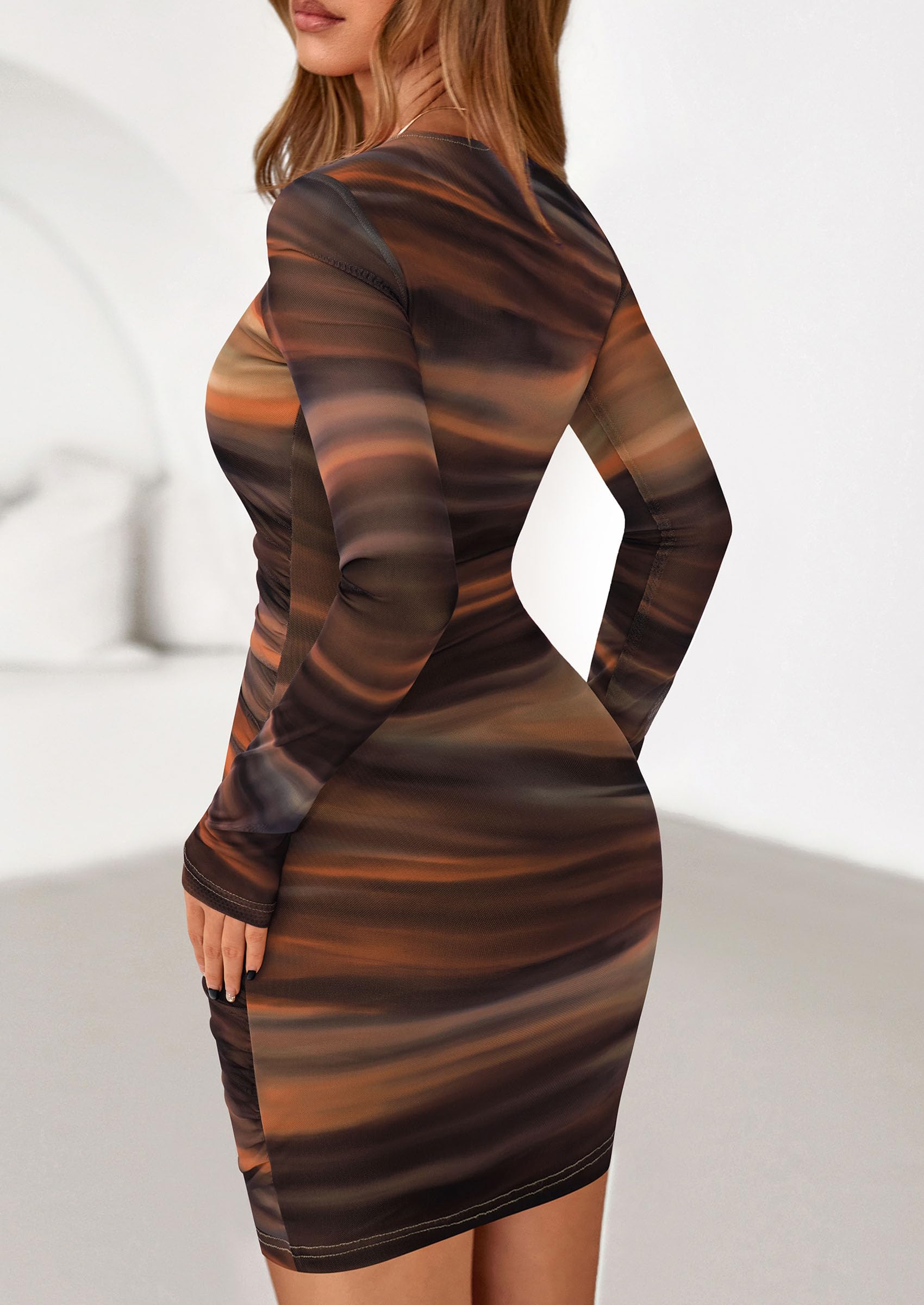 Mesh Mini Dresses for Women Long Sleeve Brown Floral,L