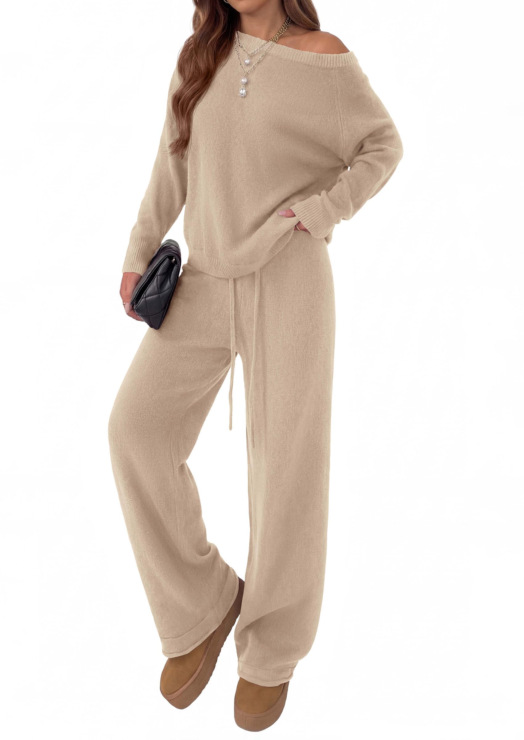Lounge Sets Womens Sweaters Two Piece Outfits (Khaki,L)