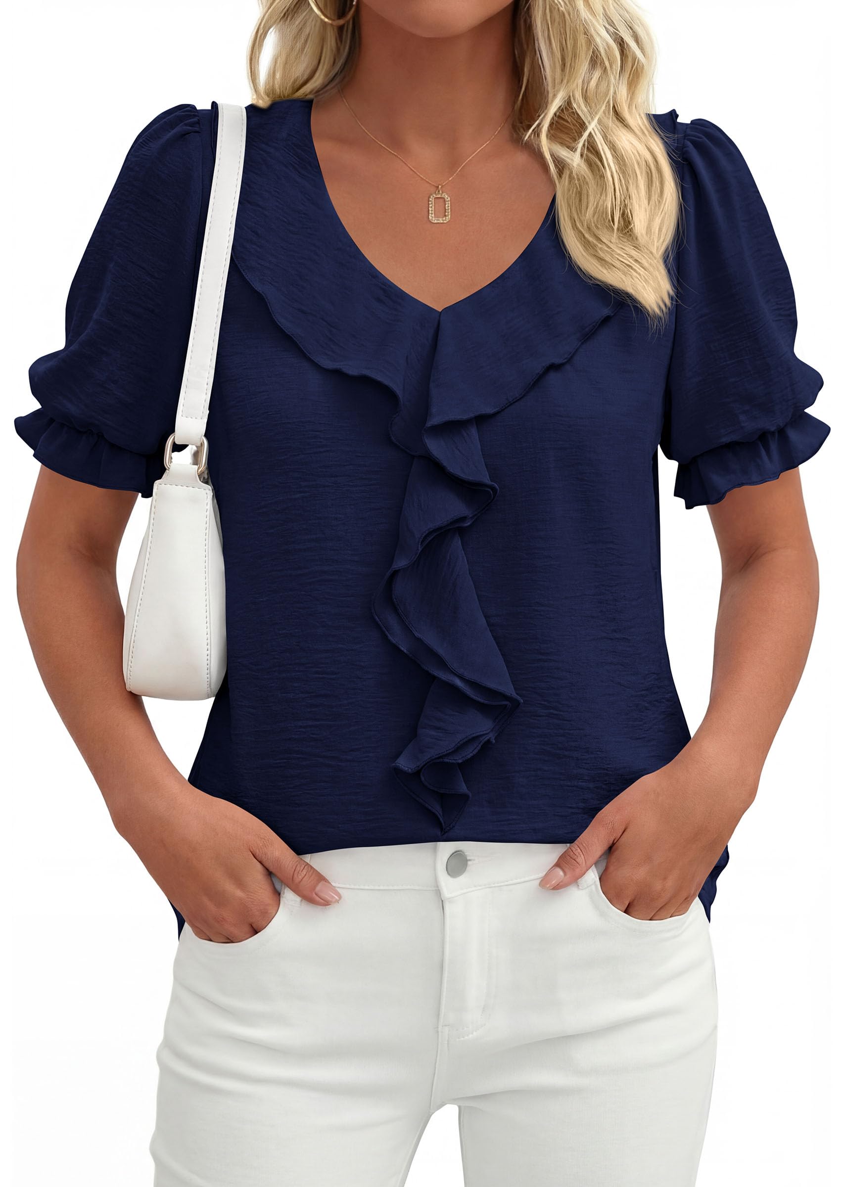 Women's Summer Ruffle Dressy Casual Blouses (Navy Blue,S)