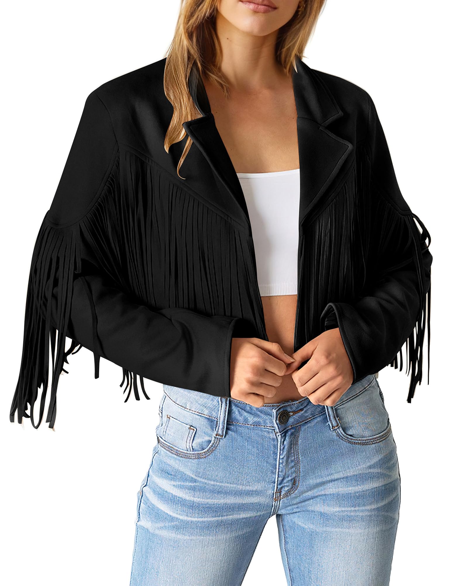 Women's Fringe Faux Suede Leather Jackets,Black,S