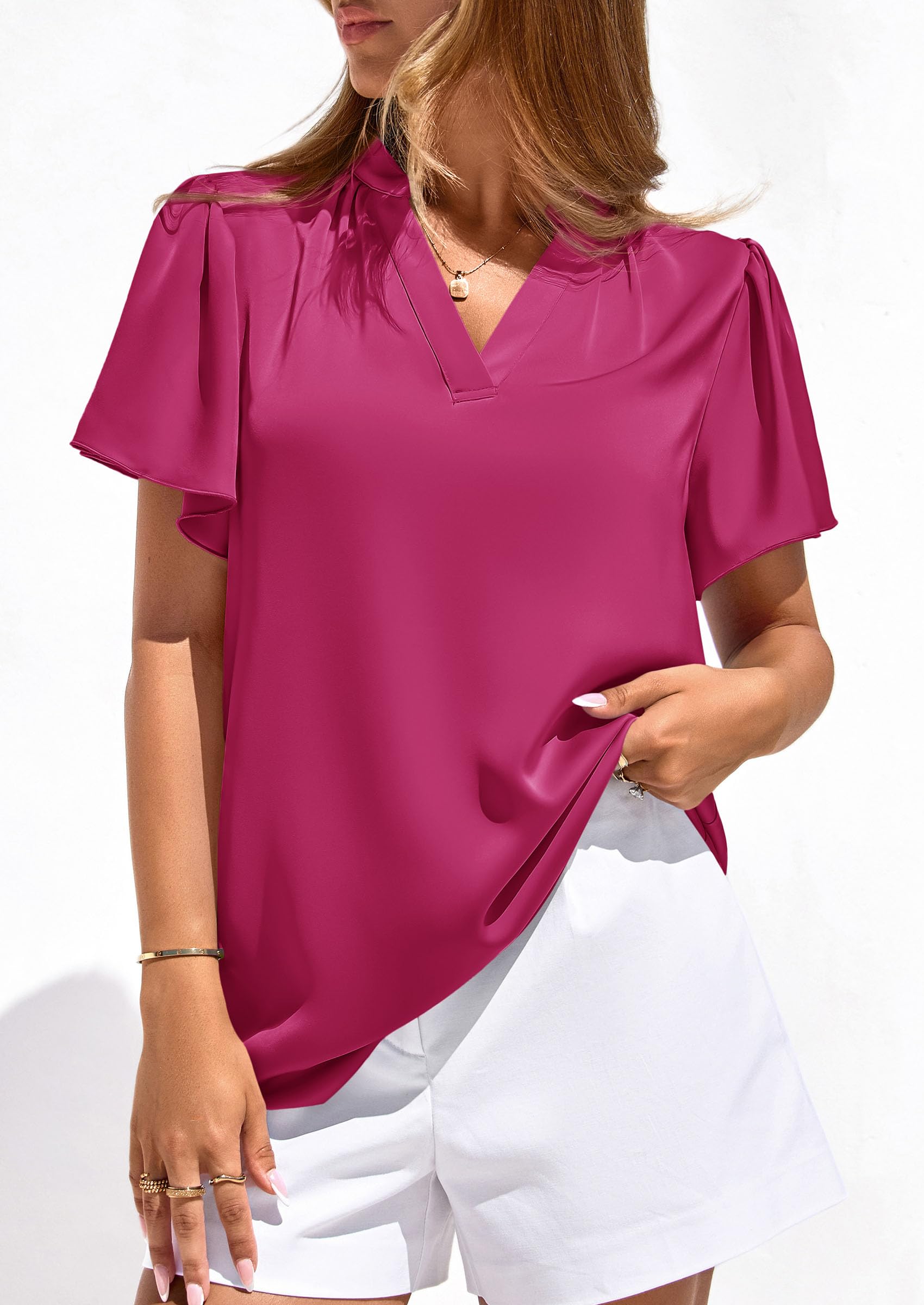 Women's Summer Satin Dressy Casual Blouses (Rose Purple,S)