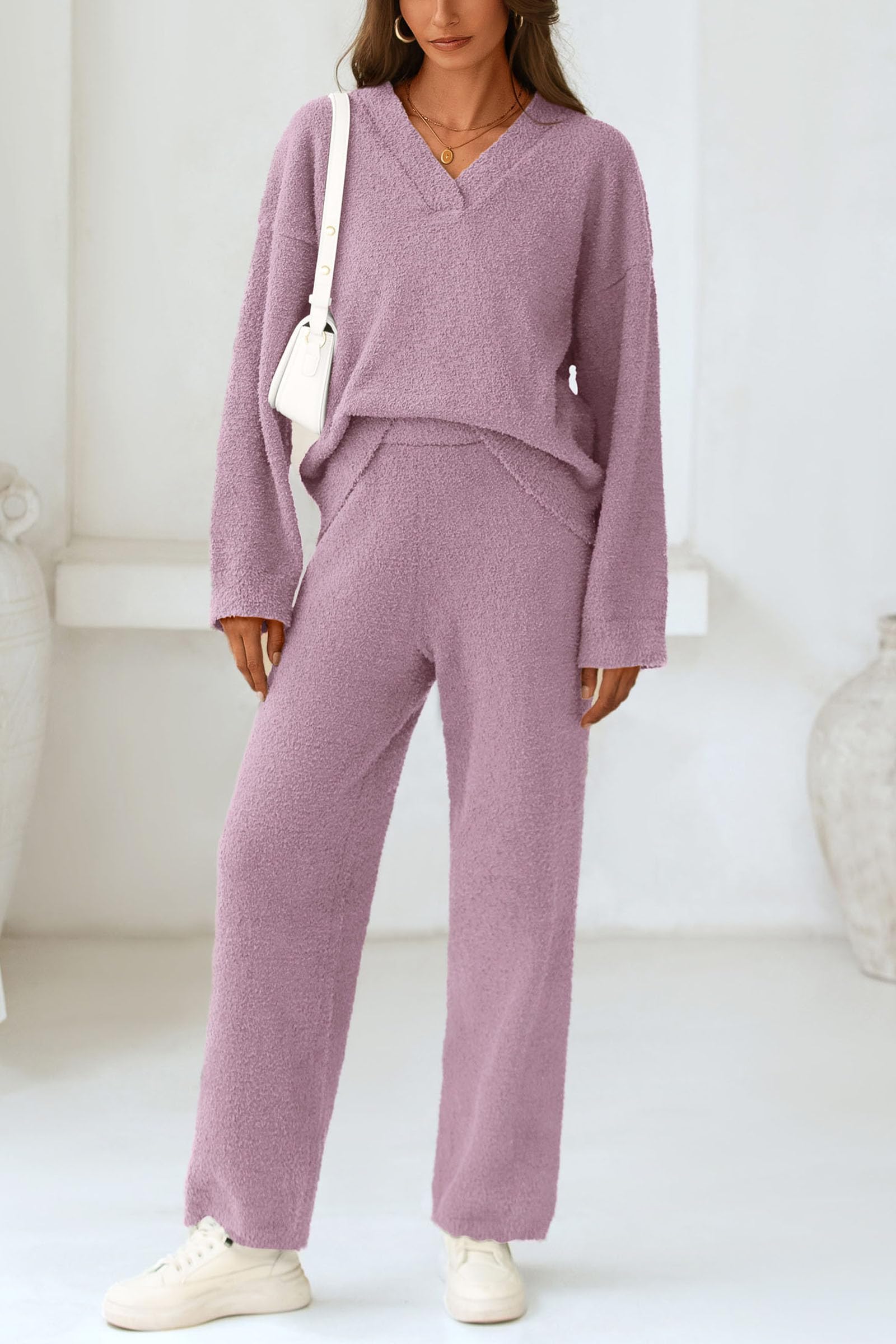 Lounge Sets for Women Fall 2 Piece Fuzzy Sweater Pajama Set