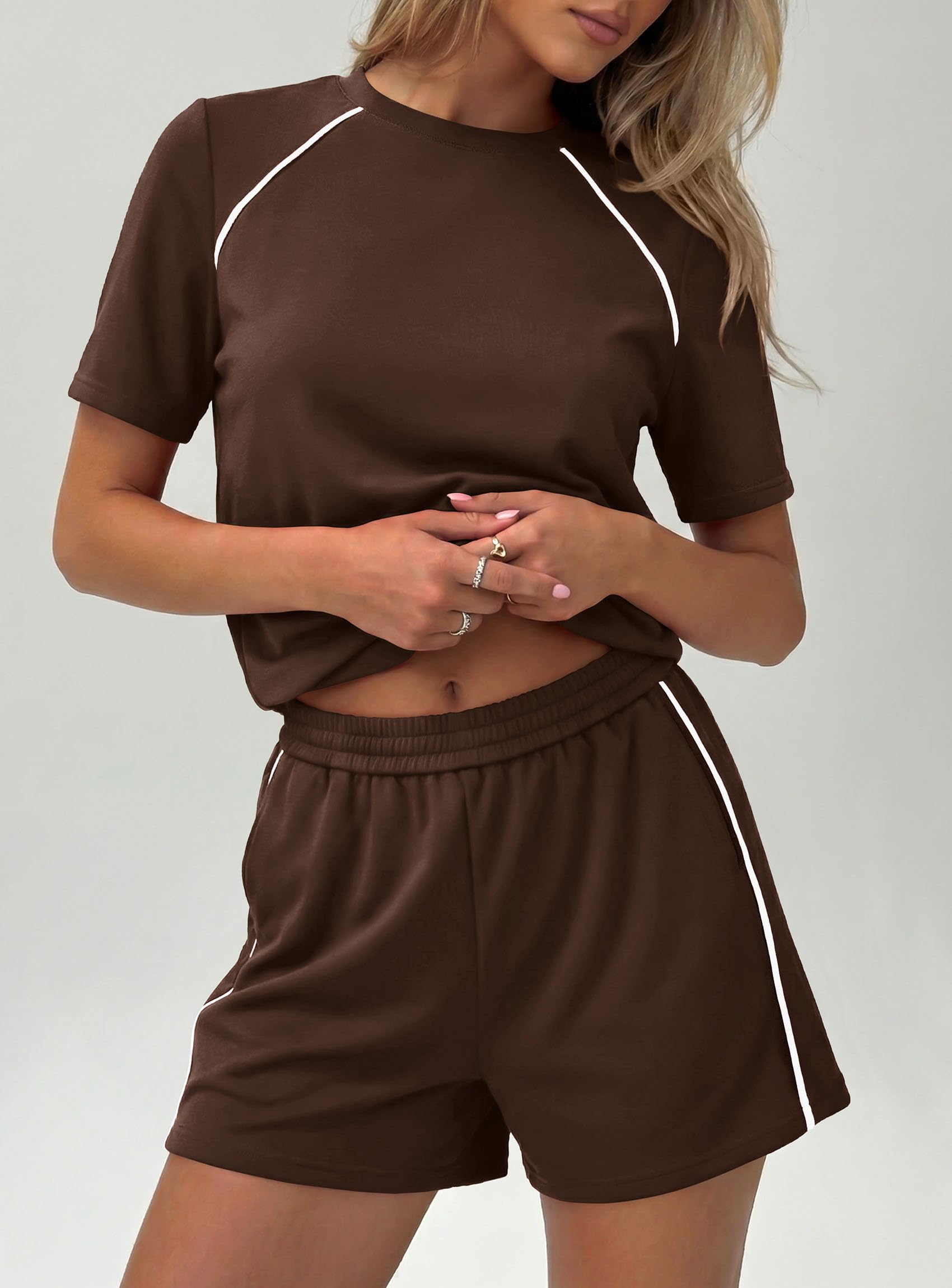 Womens 2 Piece Short Sets Casual Summer Outfits, Brown,S