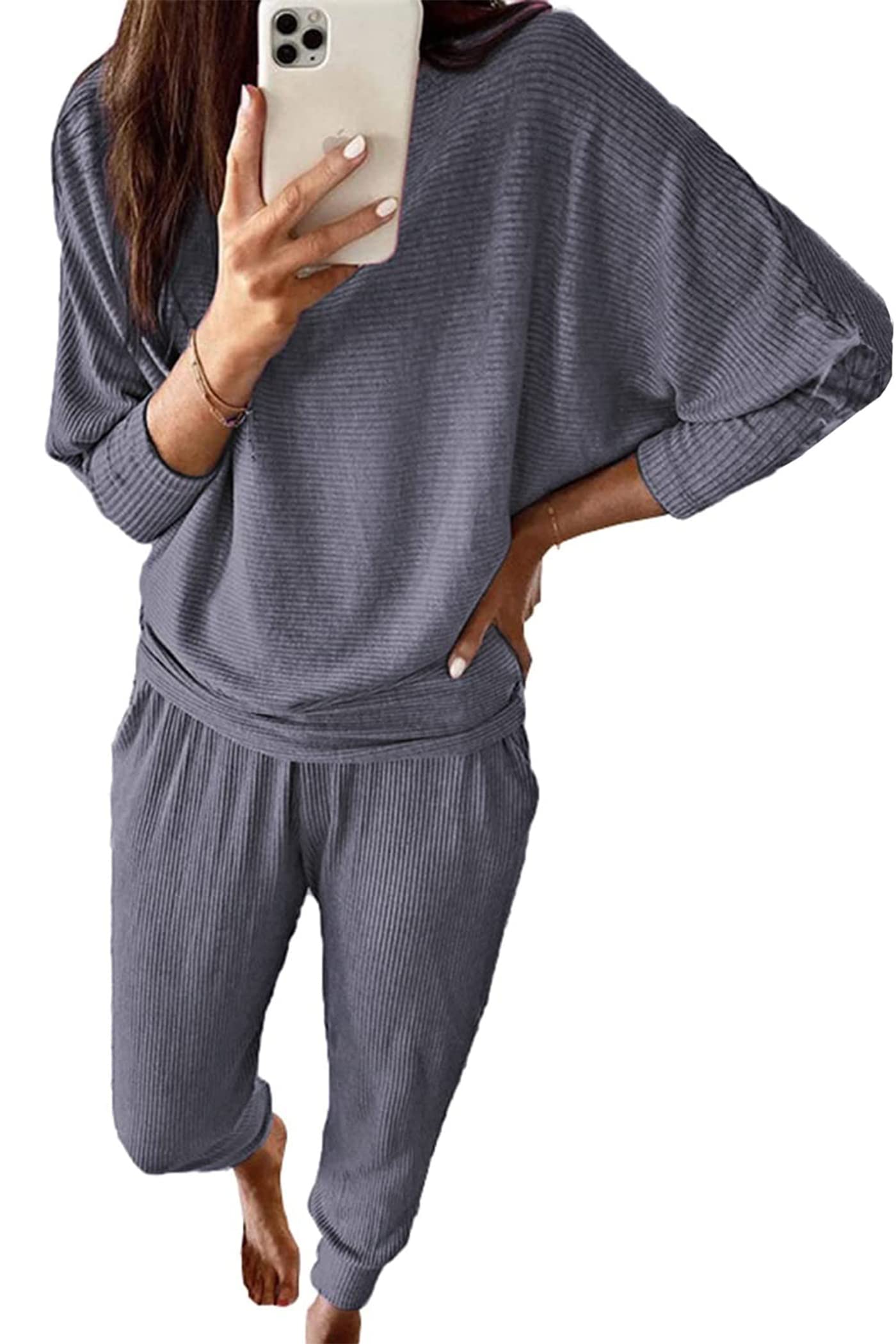 Women's 2 Piece Fall Outfits Matching Ribbed Knit Lounge Sets