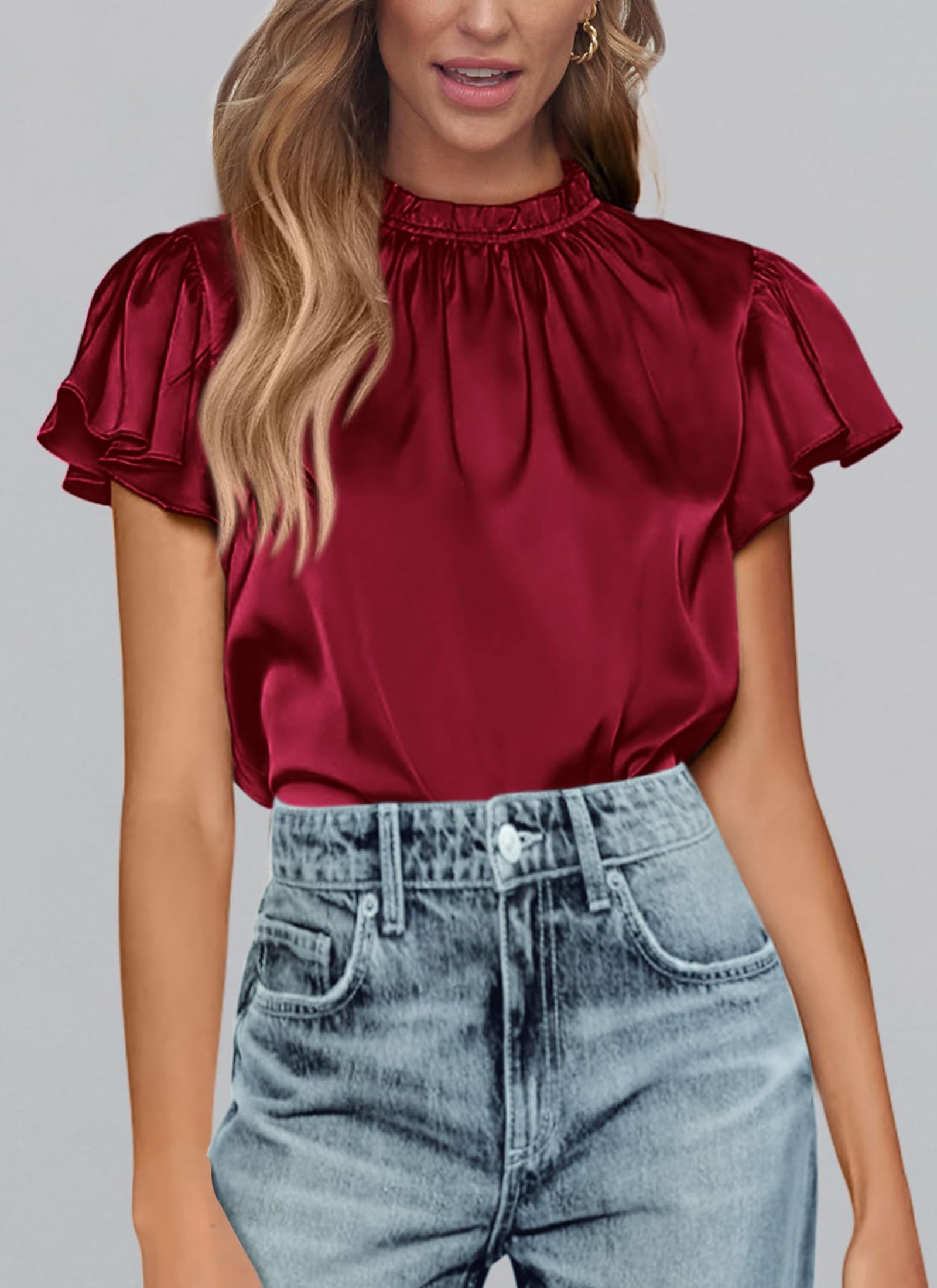 Women's Satin Tops Business Casual Work Blouses, Wine Red,S