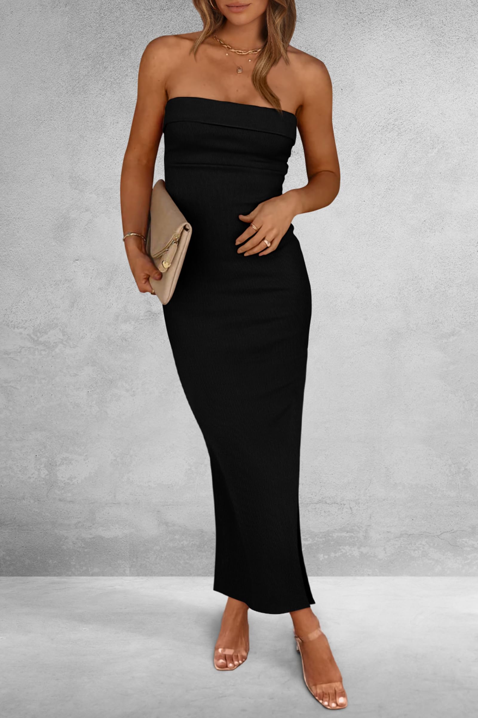 Women's Summer Bodycon Maxi Tube Dress Ribbed Strapless Side Slit Long Going Out Casual Elegant Party Dresses (Black,X-Small)