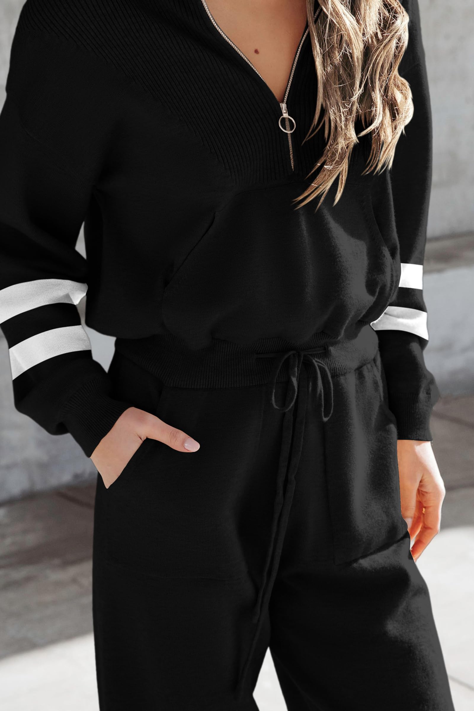 Women's 2 Piece Sweatsuits Set Fall Outfits(Striped Black,L)