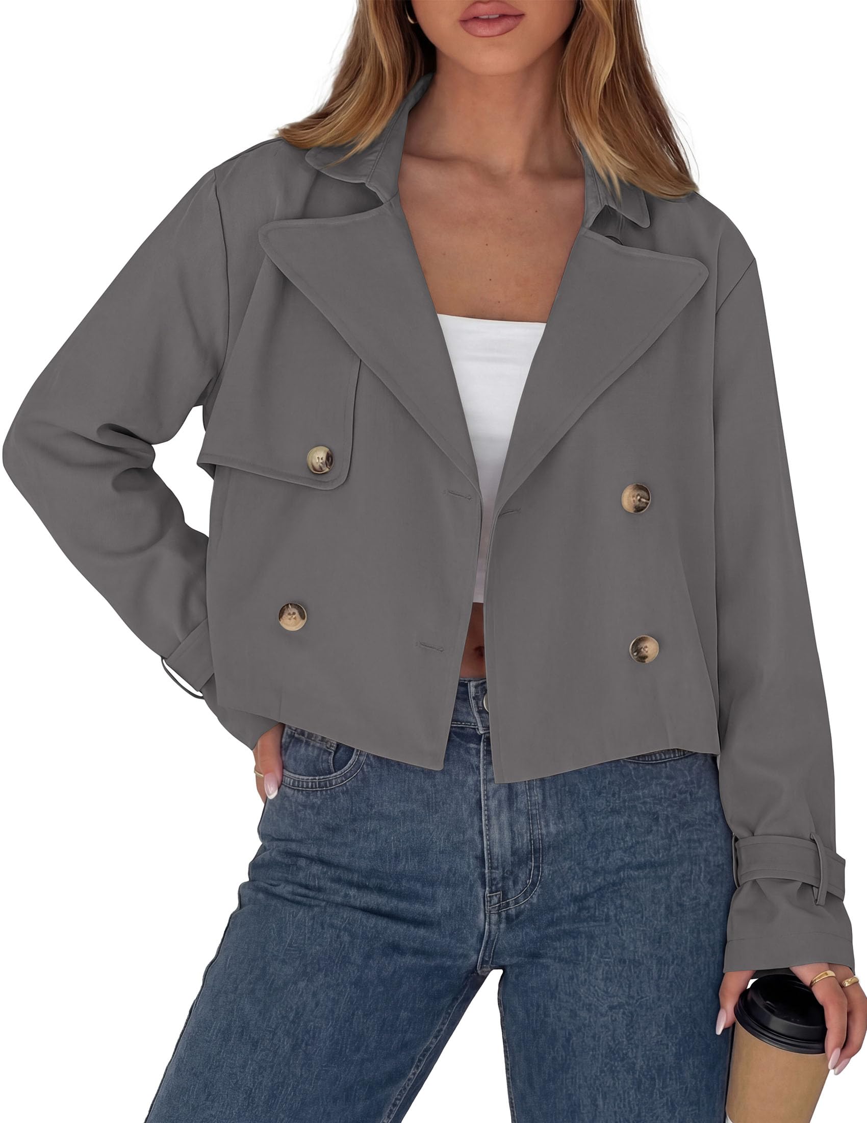 Cropped Trench Coat For Women Short Jacket,Grey,S