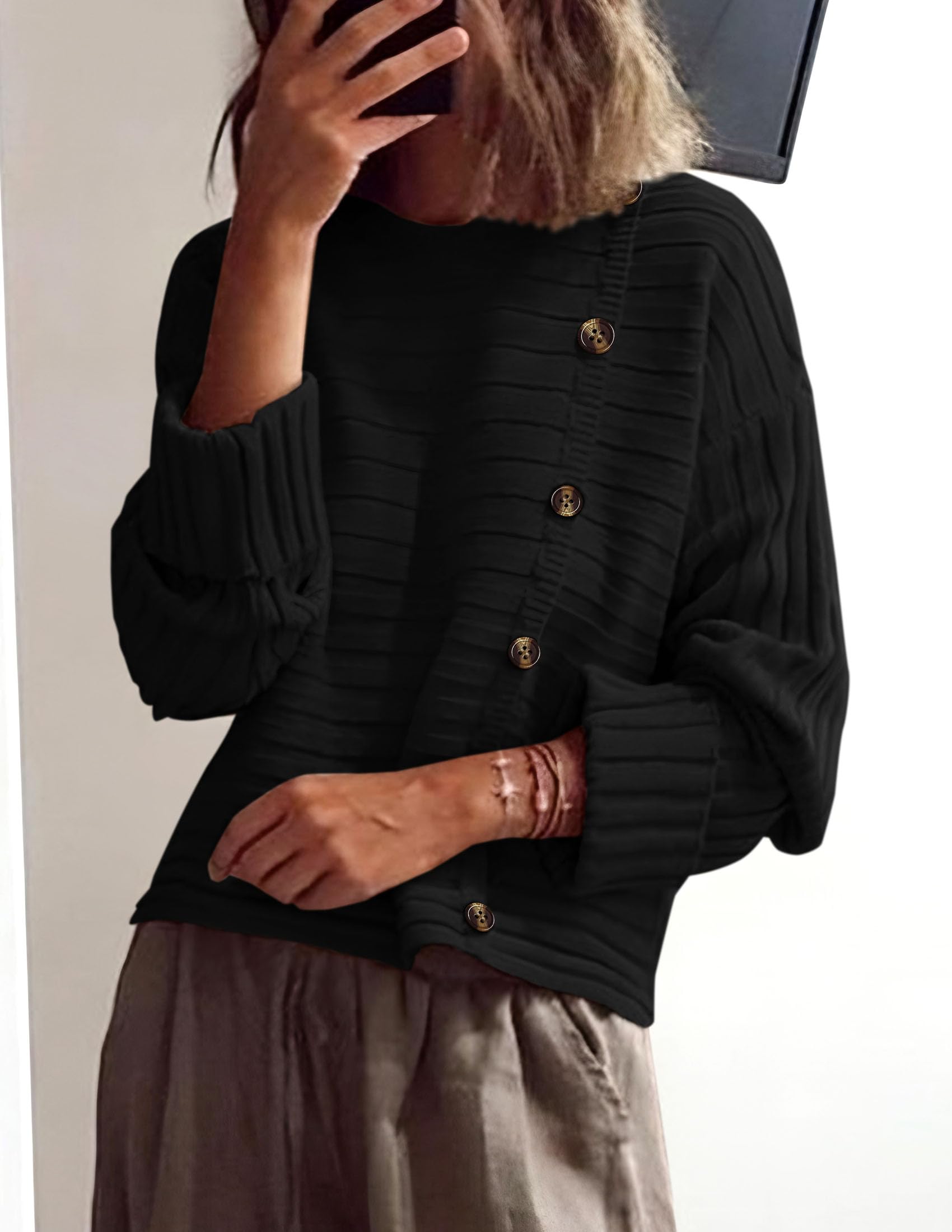 Womens Asymmetric Button Long Sleeve Sweater,Black,S