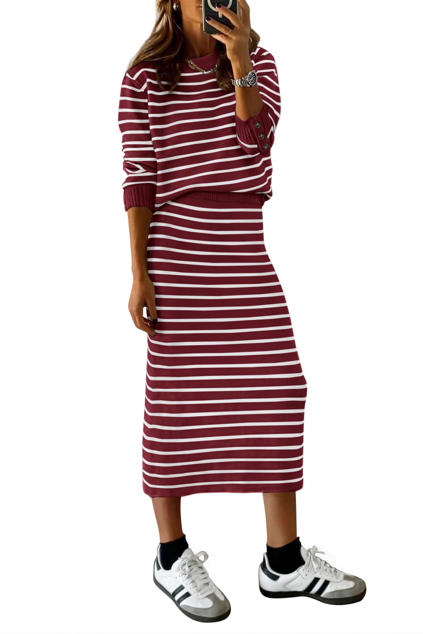 Women's 2 Piece Striped Sweater Skirt Set Fall Matching Sets