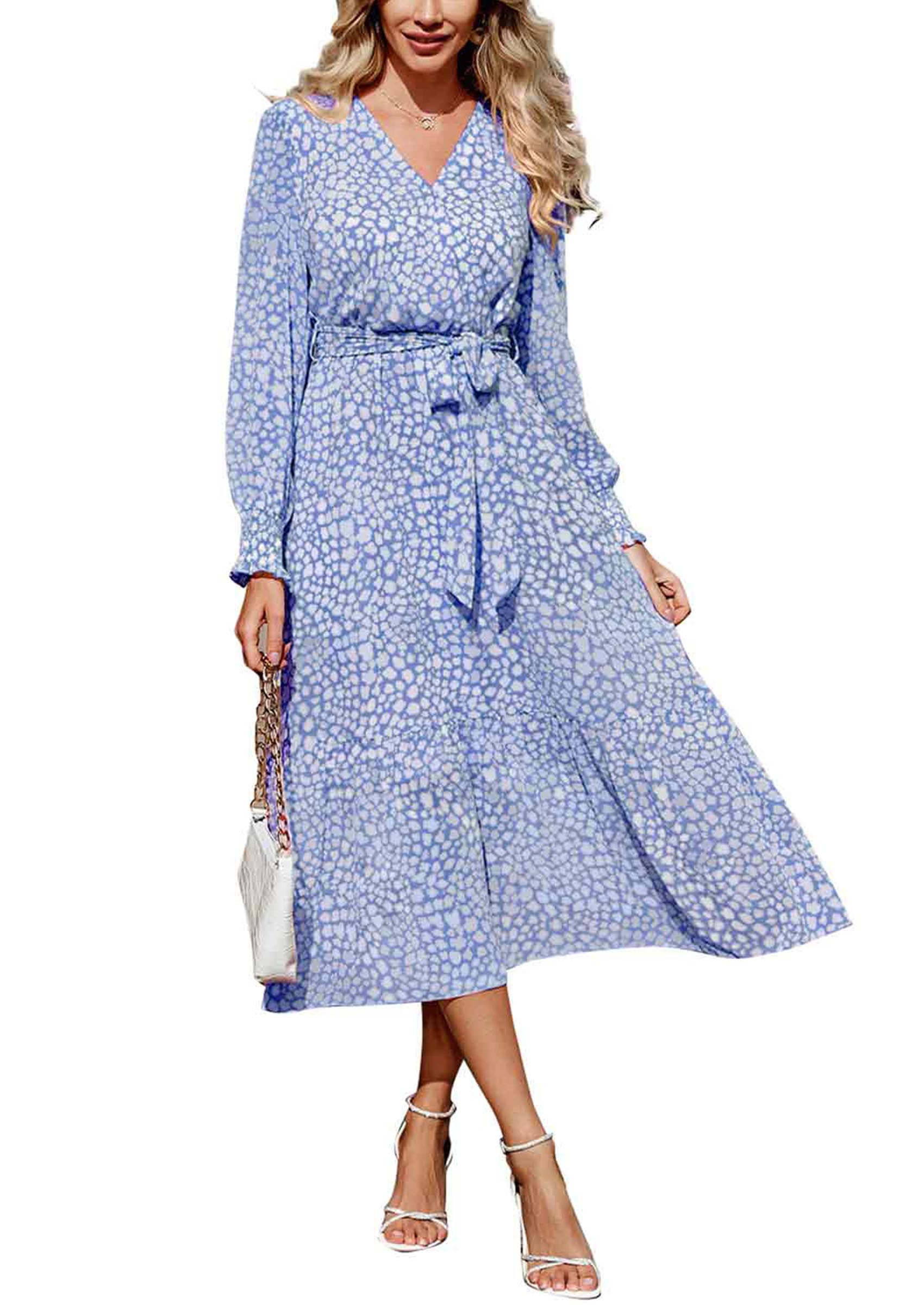 Women's Floral Boho Long Sleeve Maxi Dress, Light Blue,S