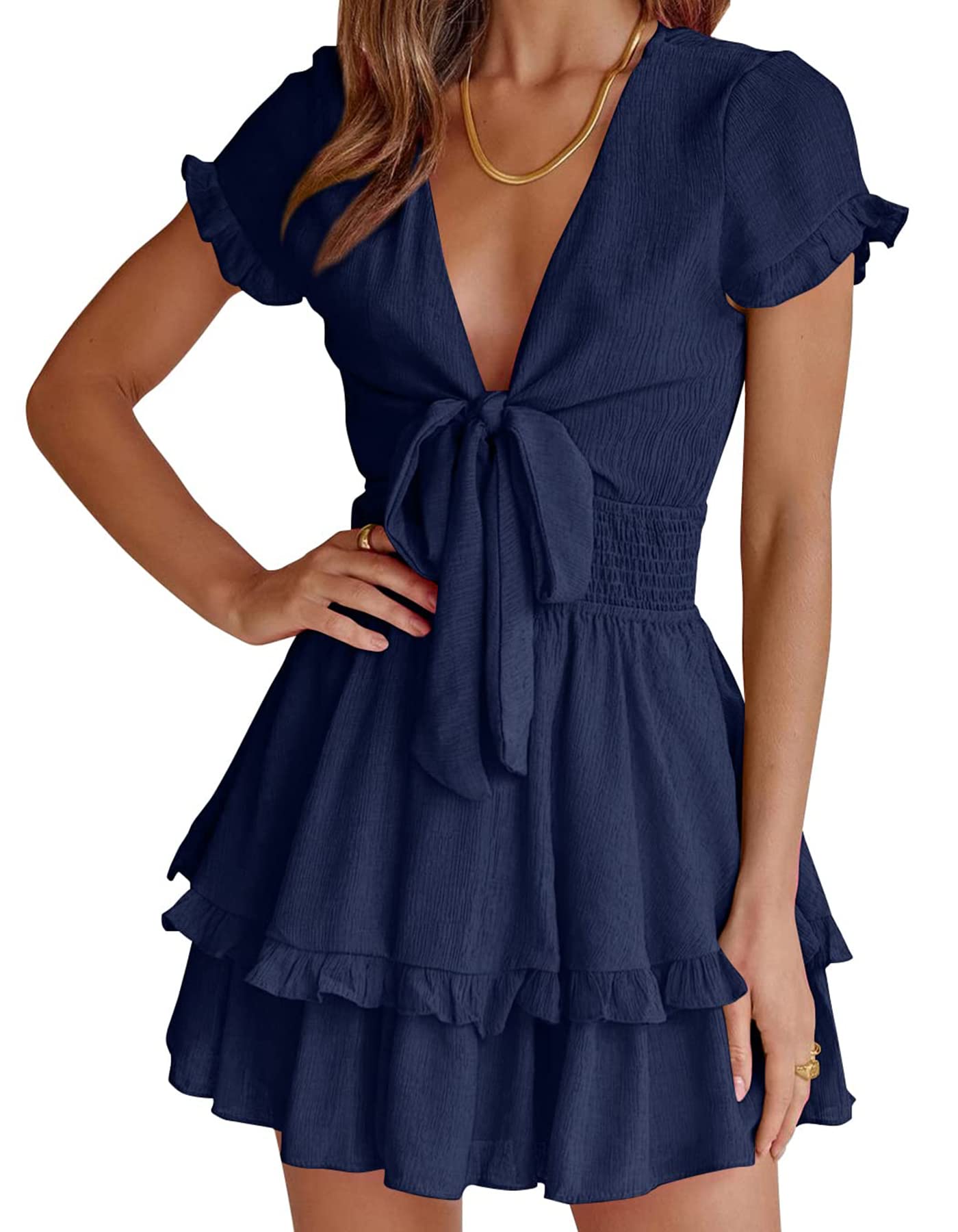 Women's Boho Floral Mini Tiered Bow Dress, Navy,S