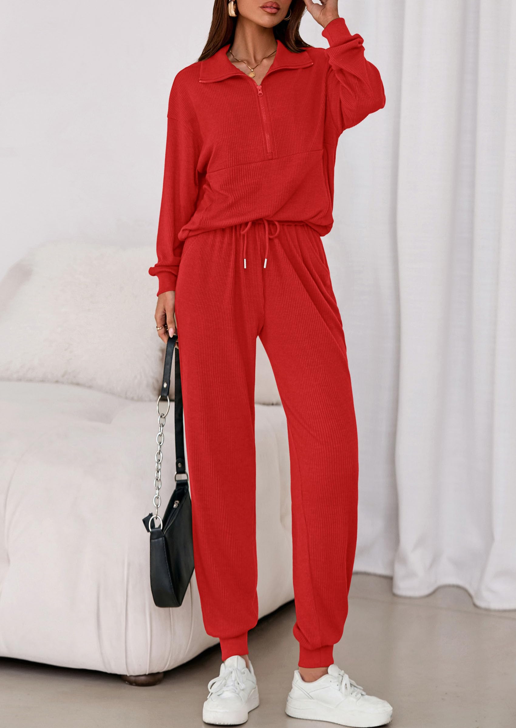 Airport Travel Outfit Women Ribbed Knit Matching Lounge Sets