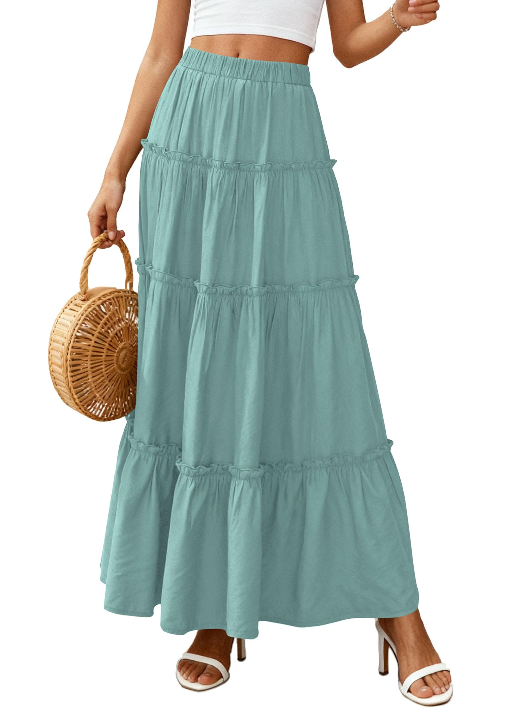 Women's Boho Tiered Ruffle Flowy Maxi Skirt, Blue Green,S