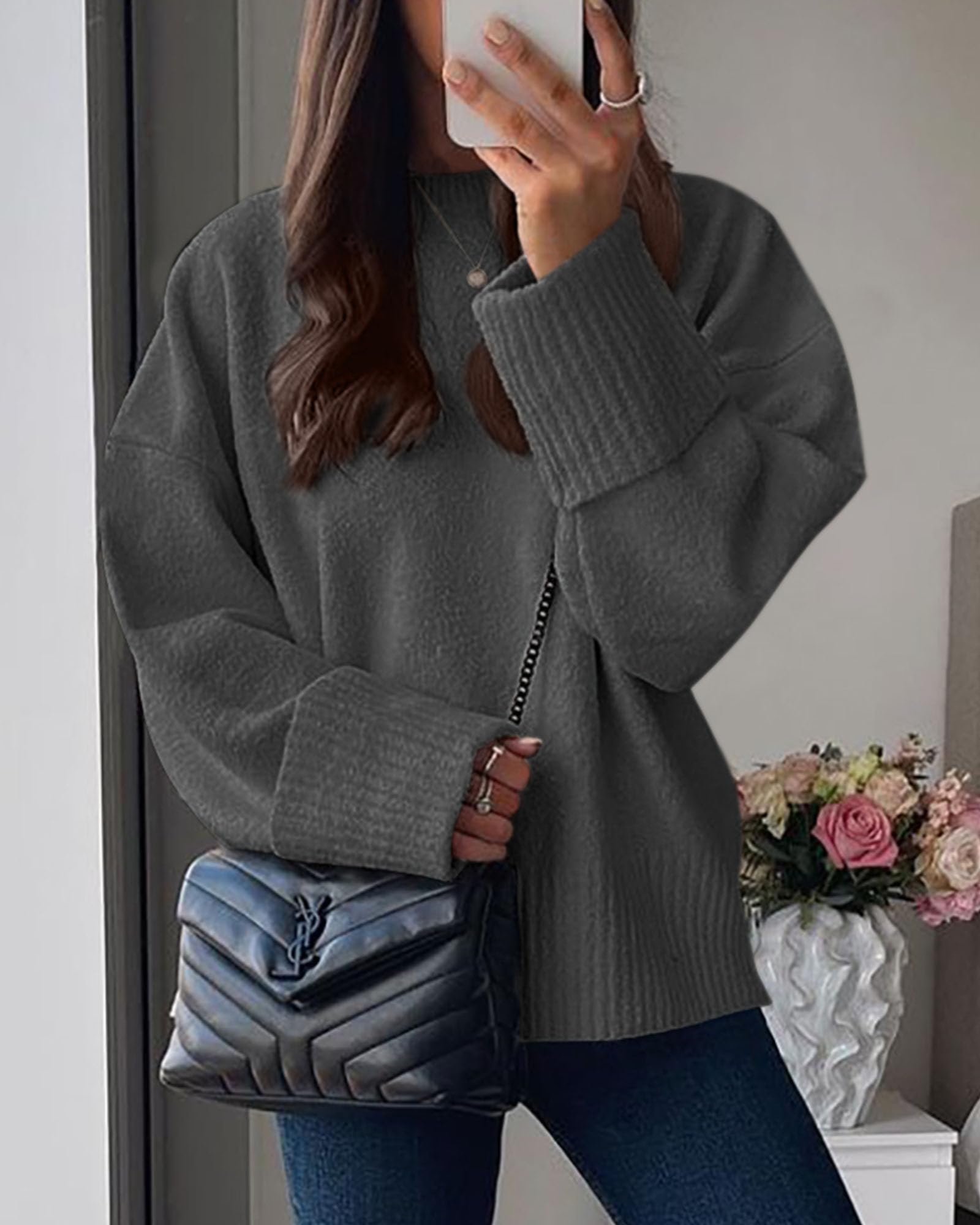 Women's Fall Fashion Cozy Oversized Sweaters(Dark Grey,XS)