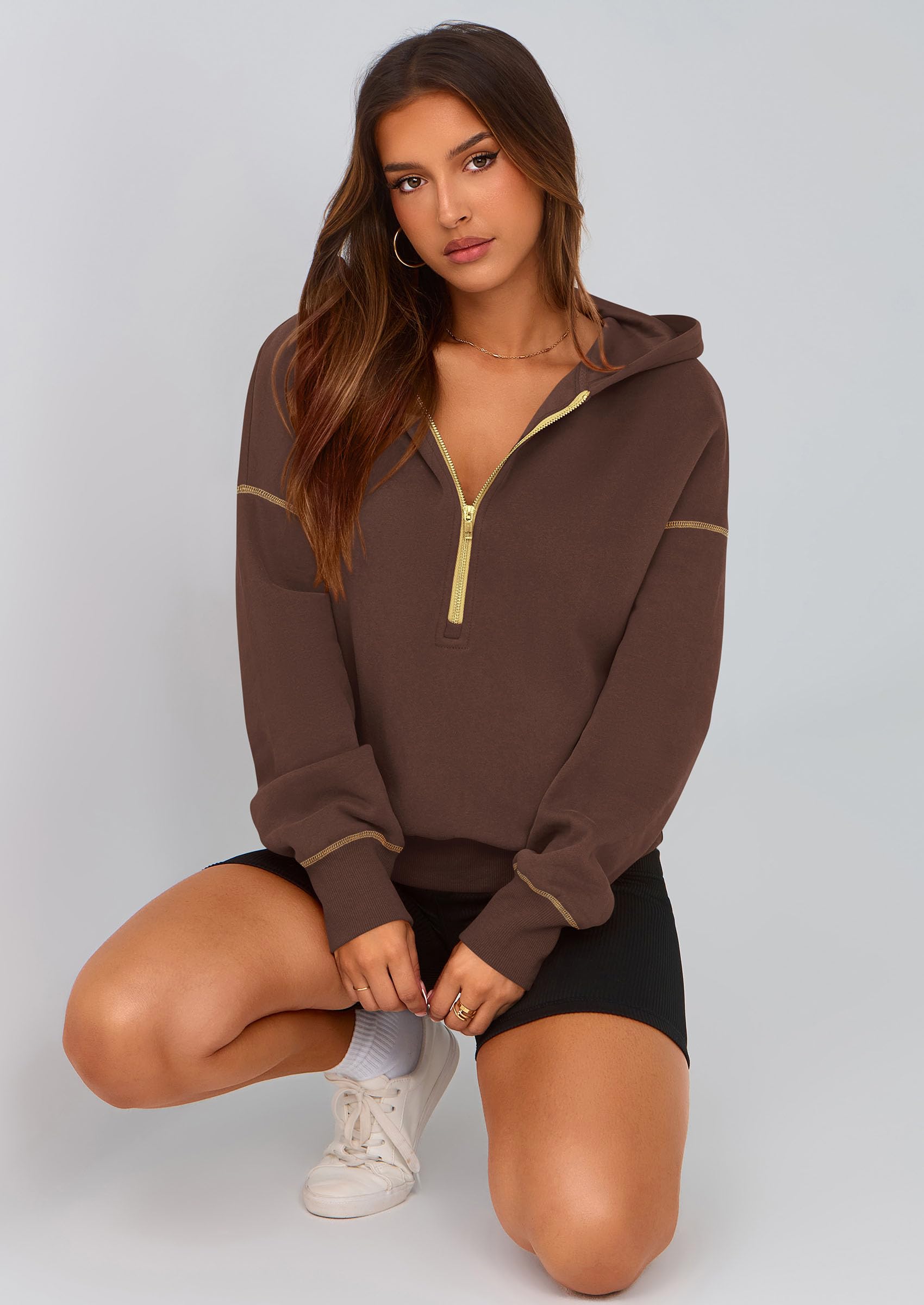Women's Fall Half Zip Cropped Hoodie Sweatshirt Brown Coffee
