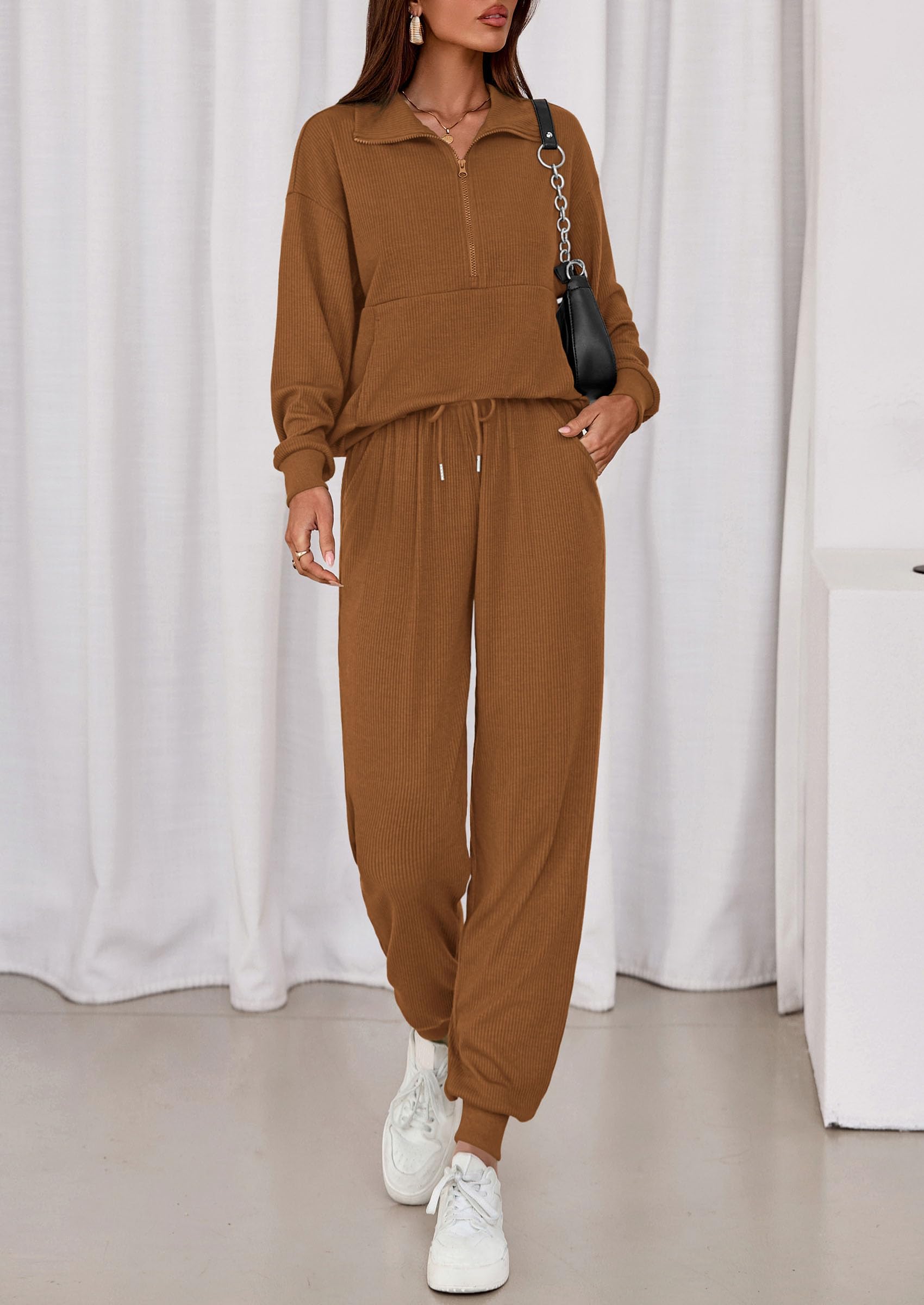 Airport Travel Outfit Women Ribbed Knit Matching Lounge Sets