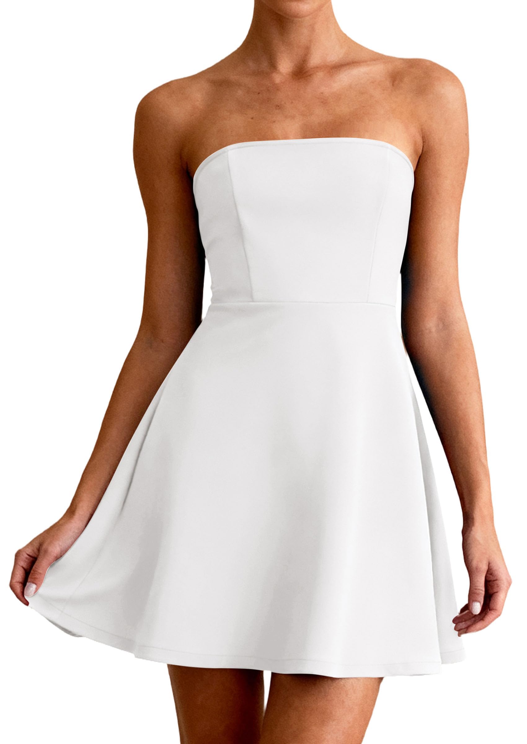 Women's Strapless A Line Mini Summer Dresses White,L