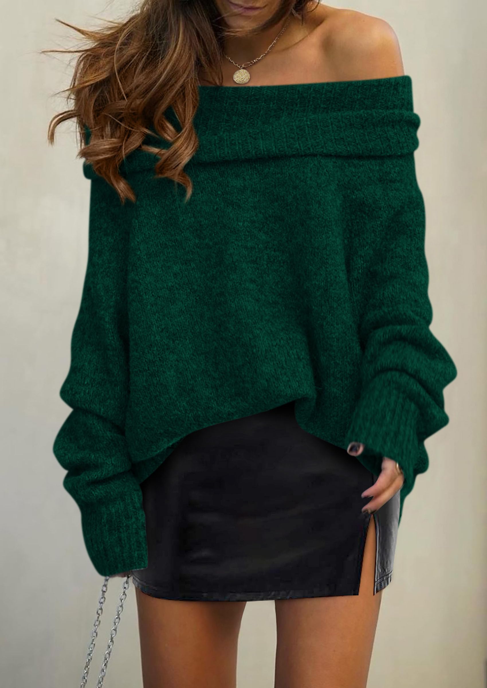 Women's Fall Off The Shoulder Sweater,Dark Green,M