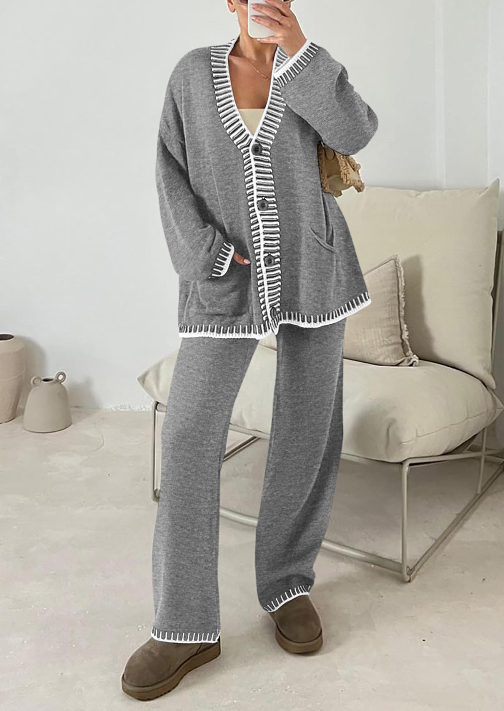 Women's Fall 2 Piece Matching Cozy Knit Sweater Lounge Sets