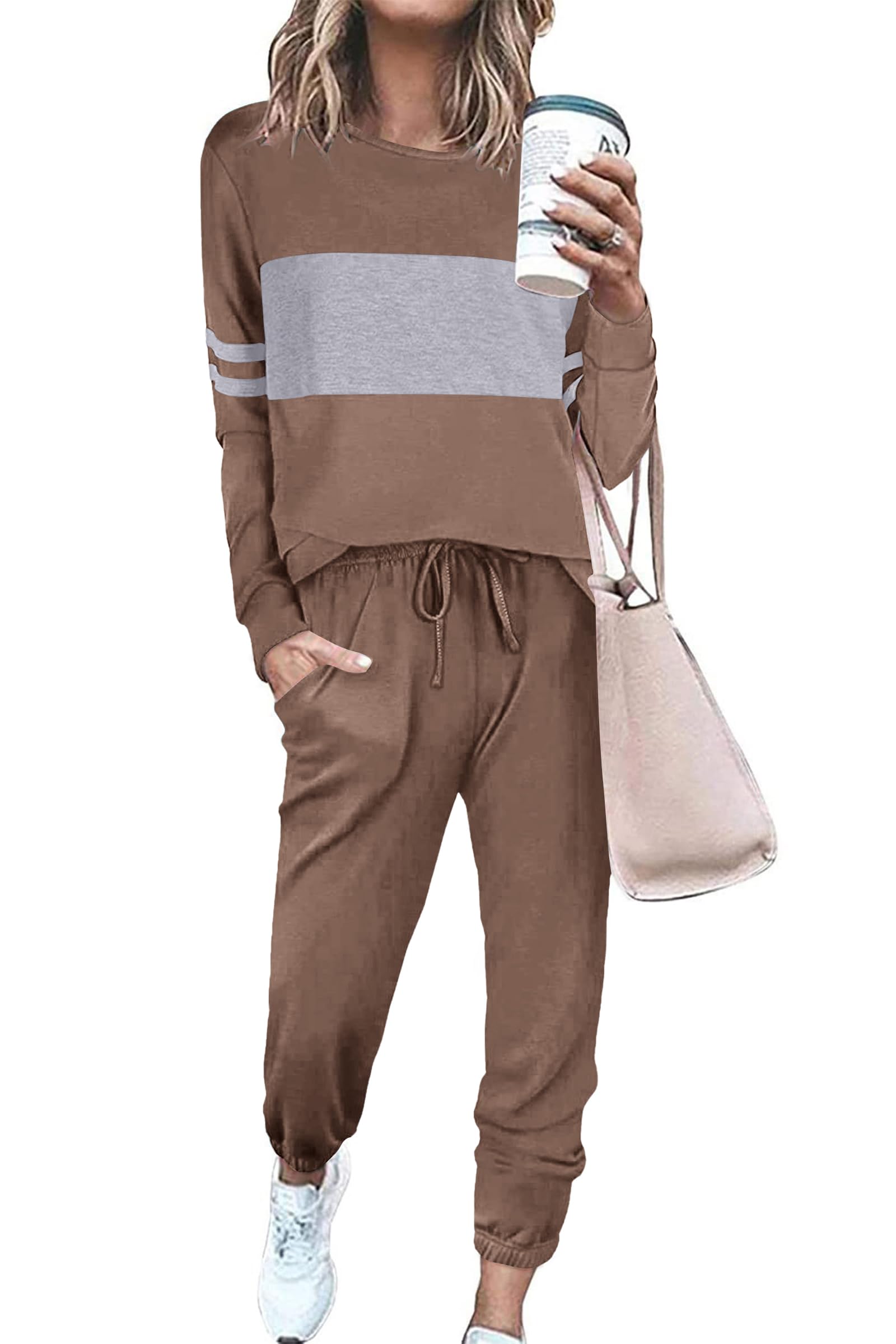 Women Color Block 2 Piece Sets Tracksuit,Dark Khaki,S