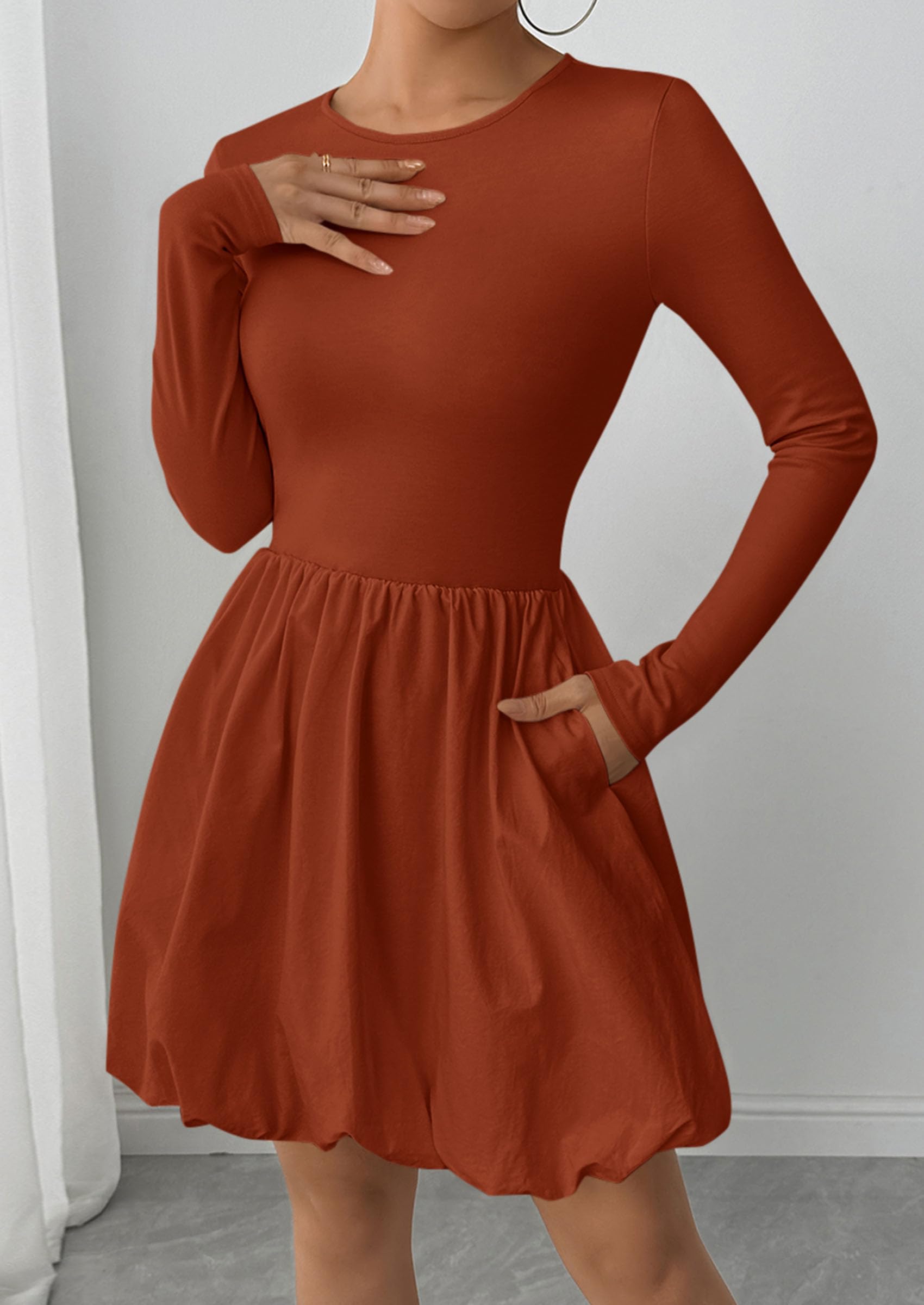 Fall Dresses for Women 2026 Bubble Mini Dress,Brick Red,S