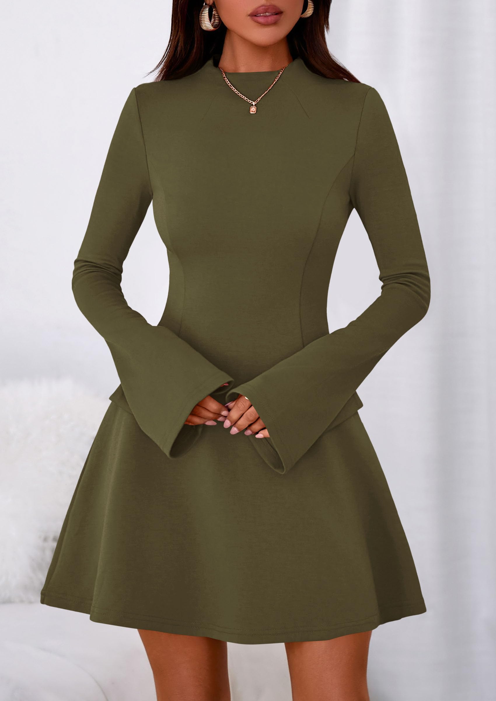 Women's Fall Bell Sleeve Short Dress,Army Green,XS