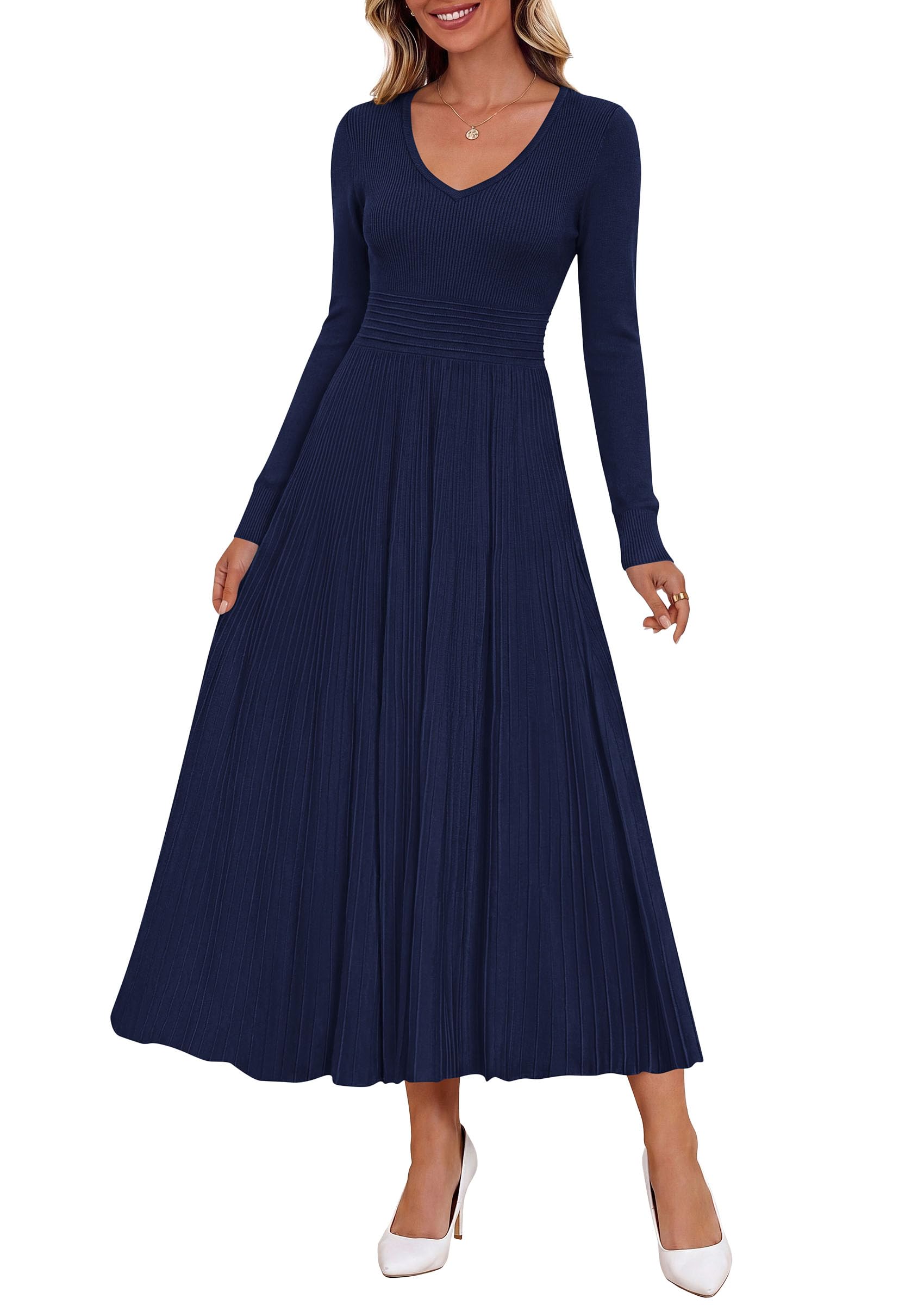 Women's Fall V Neck Pleated Midi Sweater Dress,Navy Blue,S