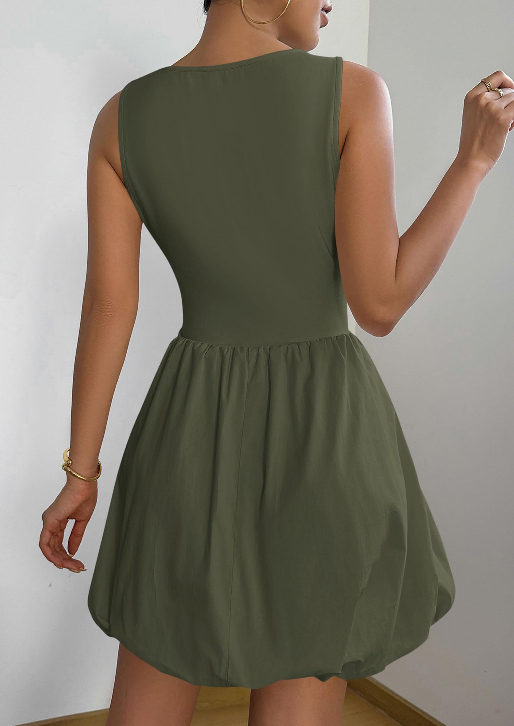 Womens Summer Bubble Sleeveless Mini Dress,Army Green,S