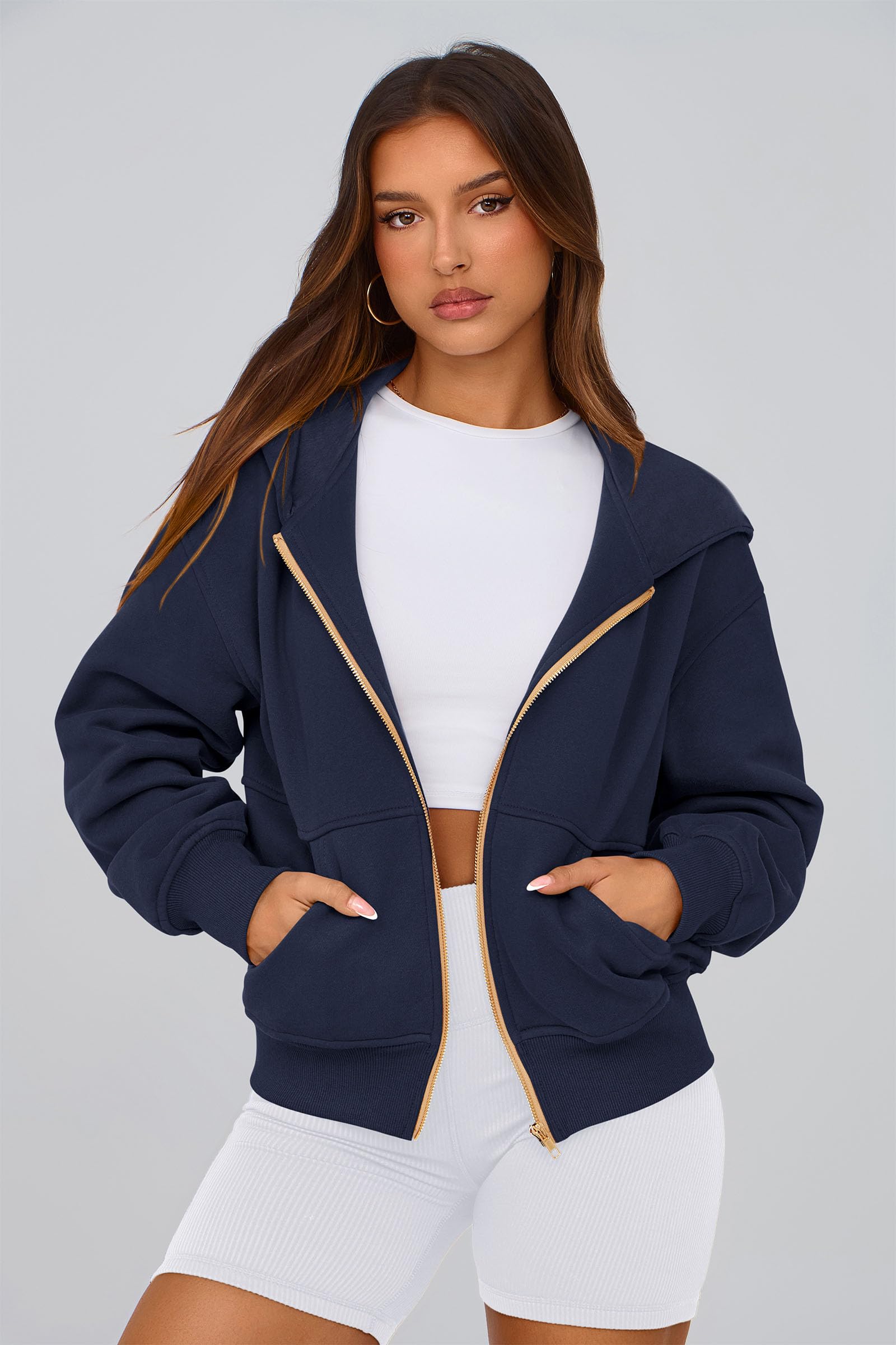 Hoodies for Women Fall Fashion Zip Up Fleece Plain Sweatshirt