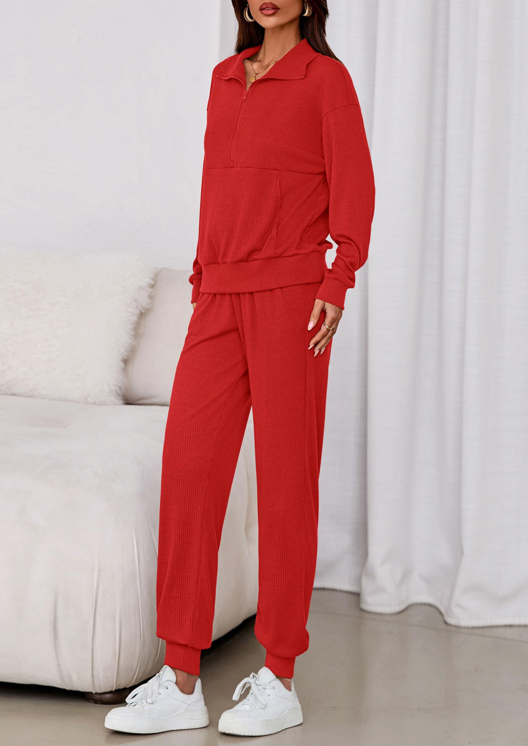 Airport Travel Outfit Women Ribbed Knit Matching Lounge Sets