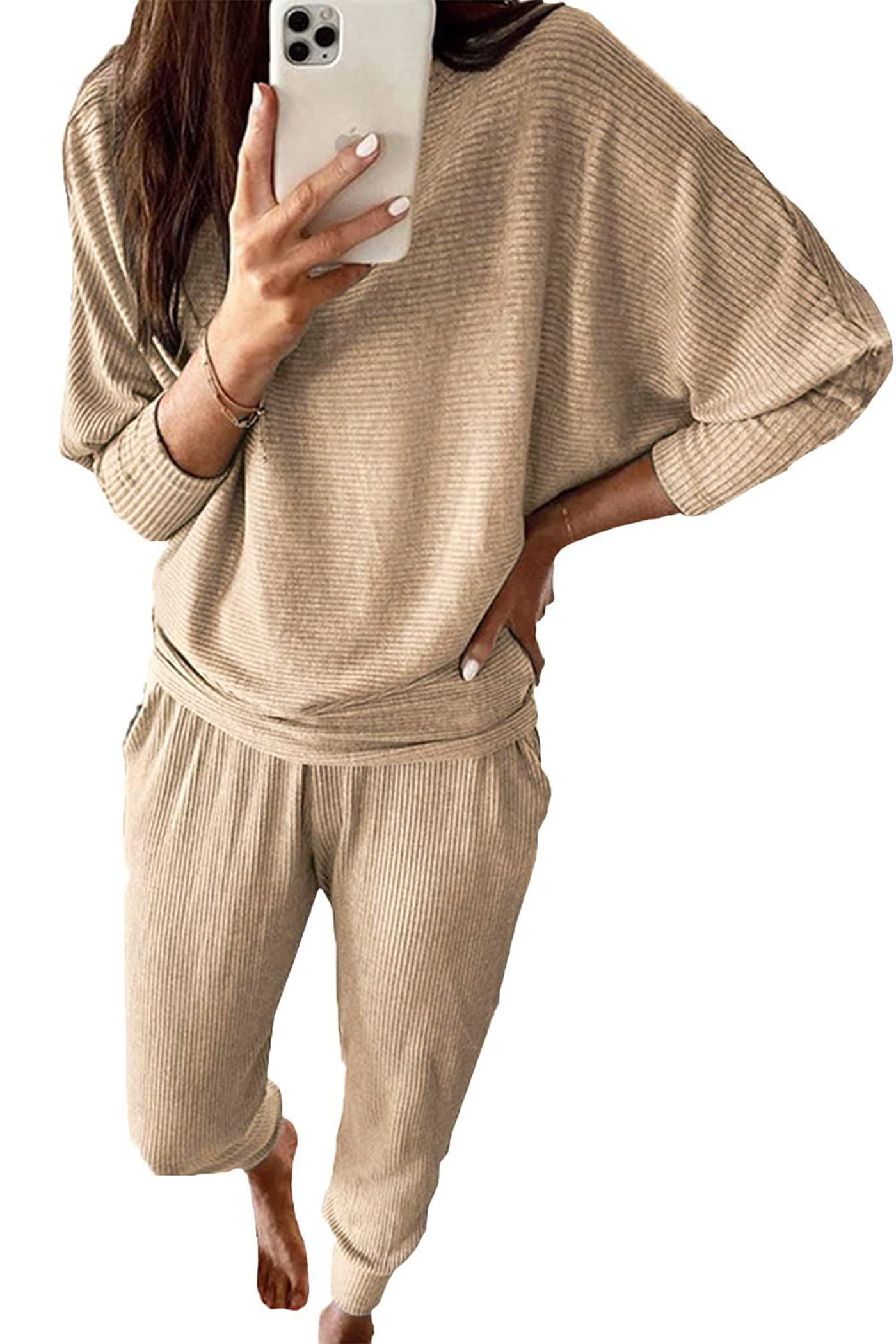 Women's 2 Piece Fall Outfits Matching Ribbed Knit Lounge Sets