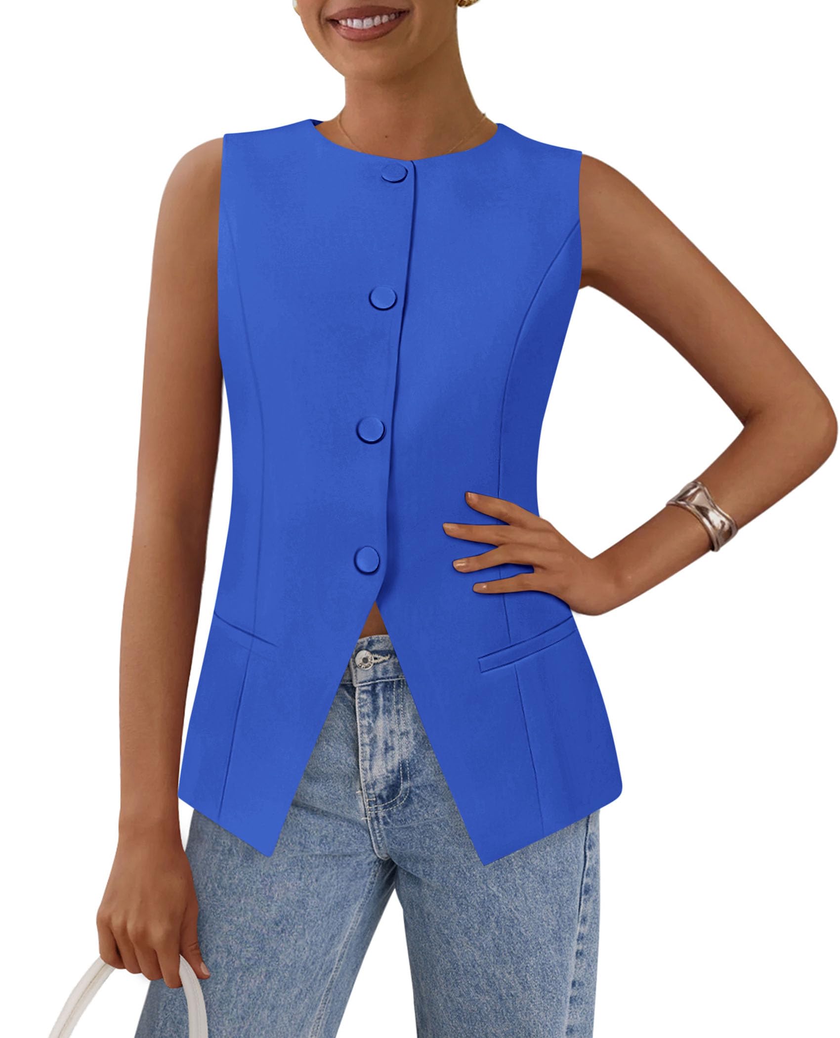 Women Tailored Suit Vest Business Casual Tops, Blue,M