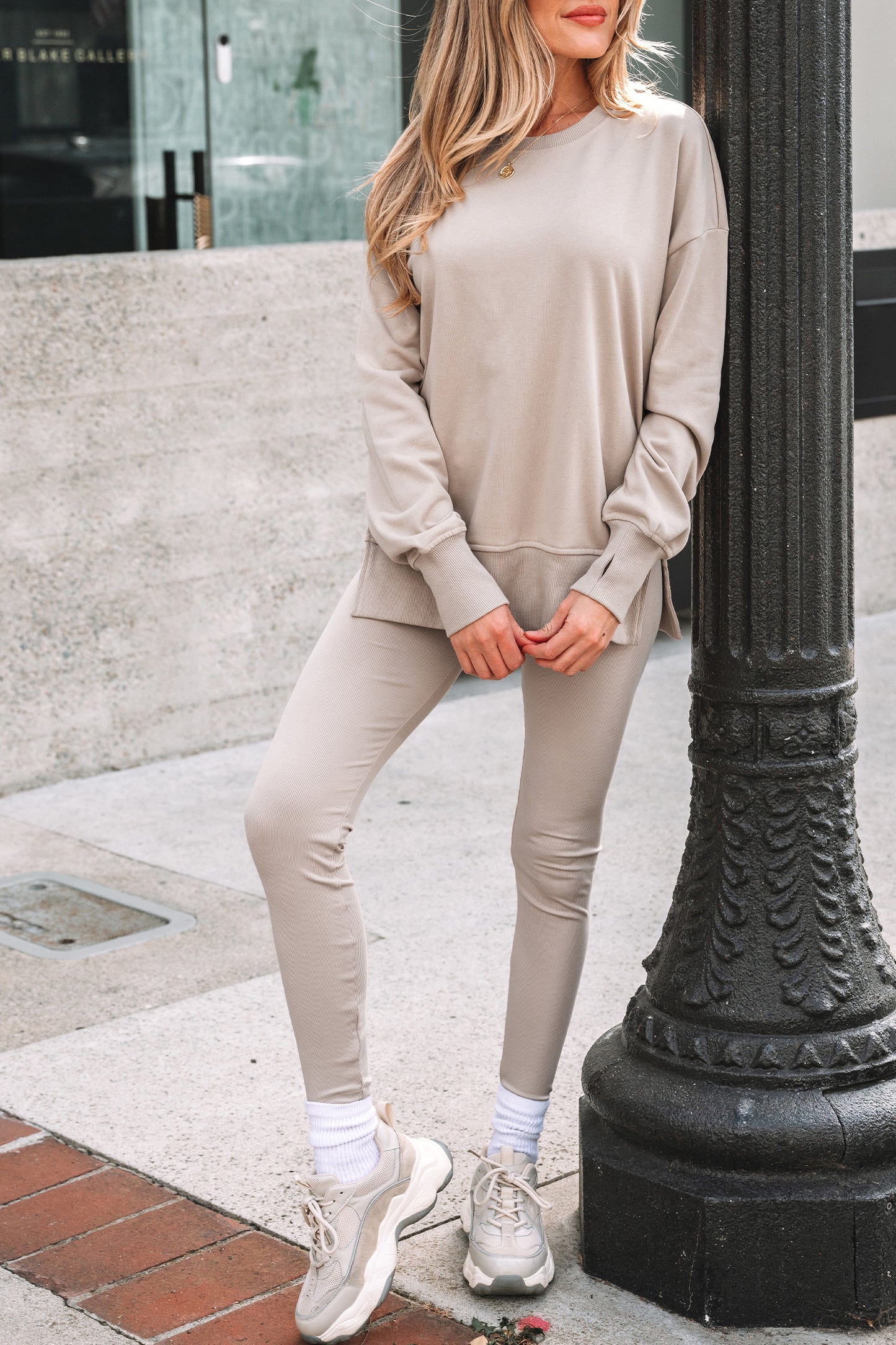 🔥Women's Solid Drop Shoulder Split Hem Sweatshirt & Pants Two-piece Set