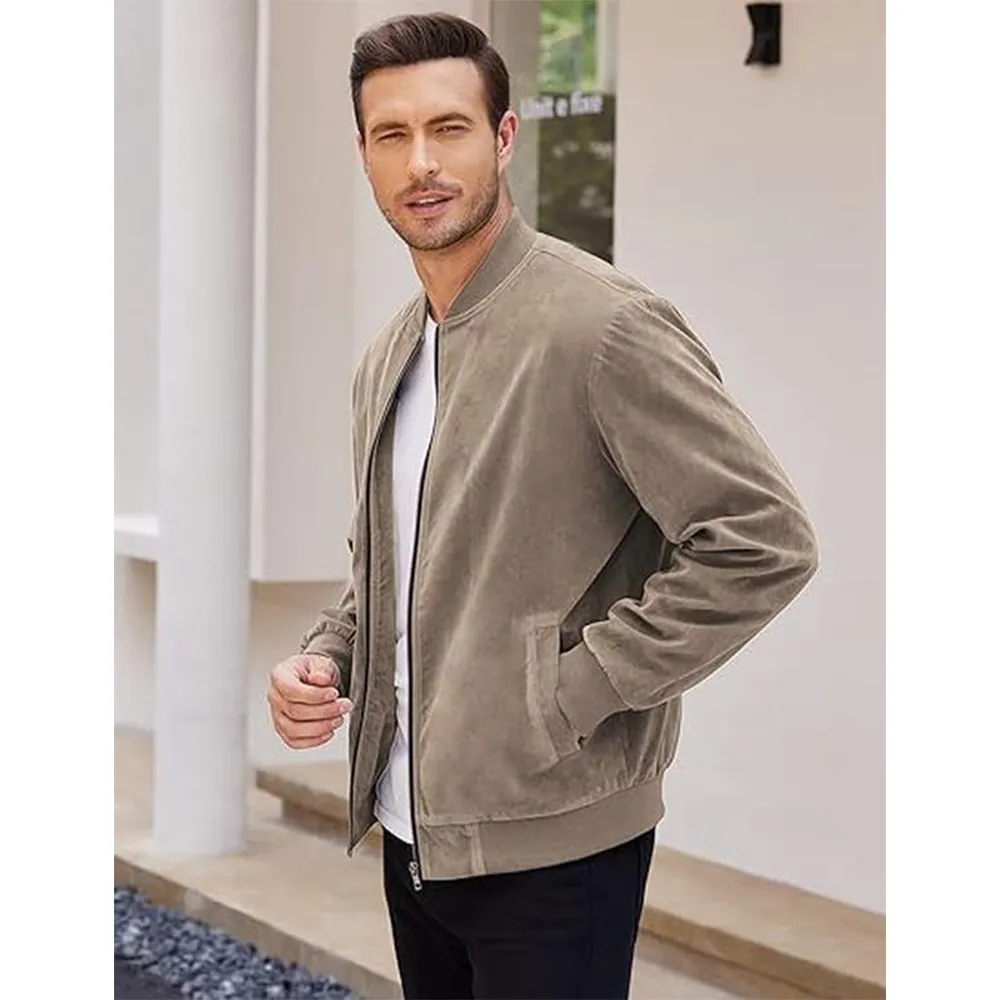 Men’s Classic Thin Casual Jacket: Stretchy Faux Suede (Lightweight, Retro, Soft)