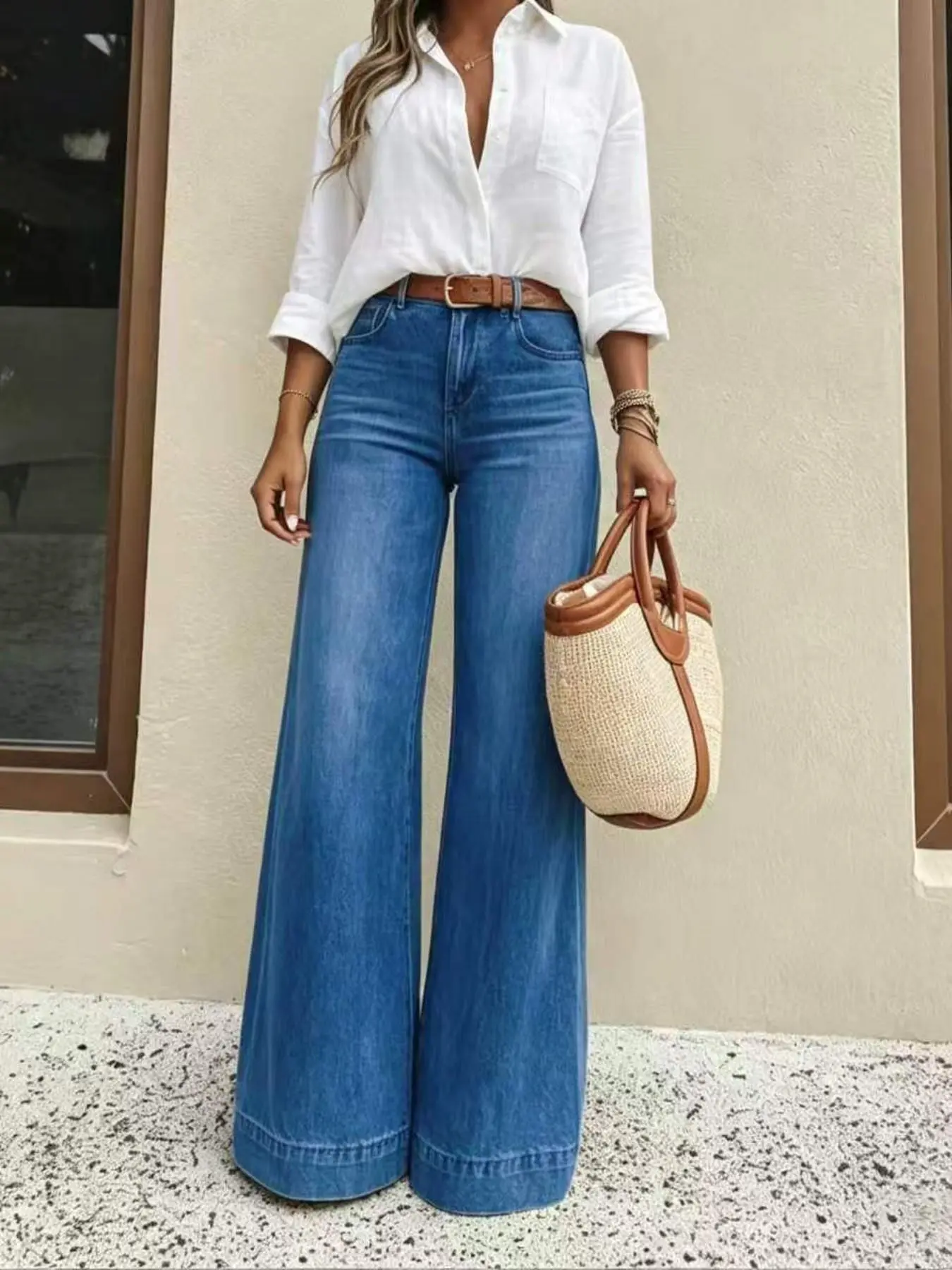 Women's Loose-Fit Jeans, High-Waisted Slimming Effect, Slight Stretch Casual Style, Simple and Versatile, All Seasons Wear