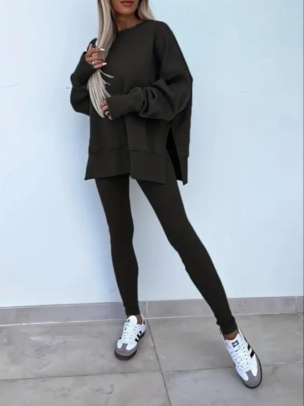 🔥Women's Solid Drop Shoulder Split Hem Sweatshirt & Pants Two-piece Set