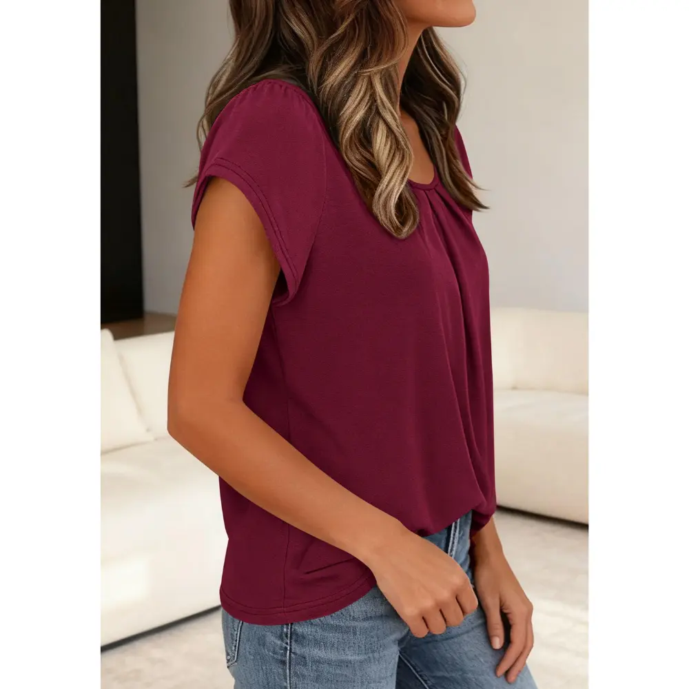 Women's Summer Pleated Crew Neck T-Shirt