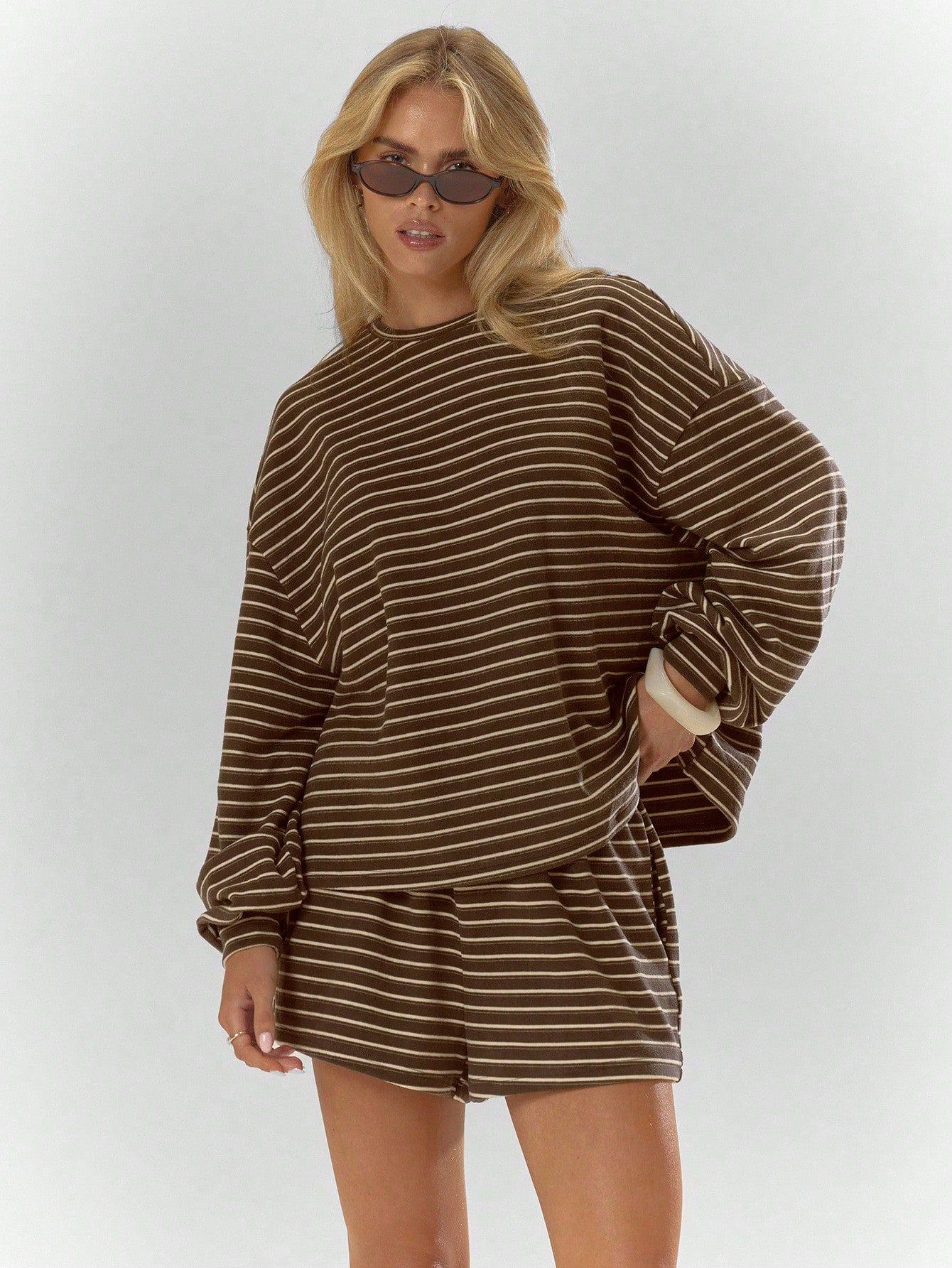 Women's Striped Set, Loose Fit Oversized, Casual Round Neck Long Sleeve Top, Pocket Shorts, 2-Piece Set, Soft Comfortable, Thick Warm Home Wear
