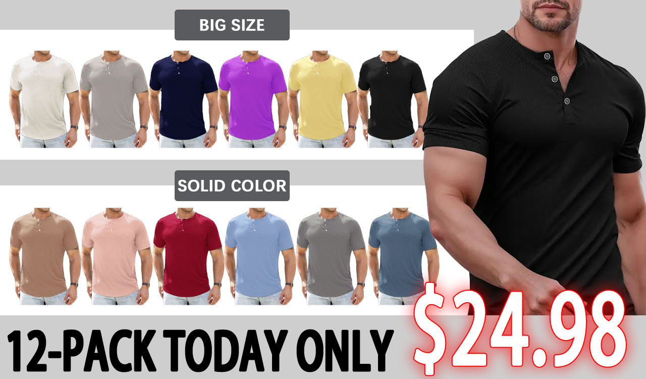 🔥12-Pack Men's Plain Henley Shirts Crewneck Longline T-Shirt
