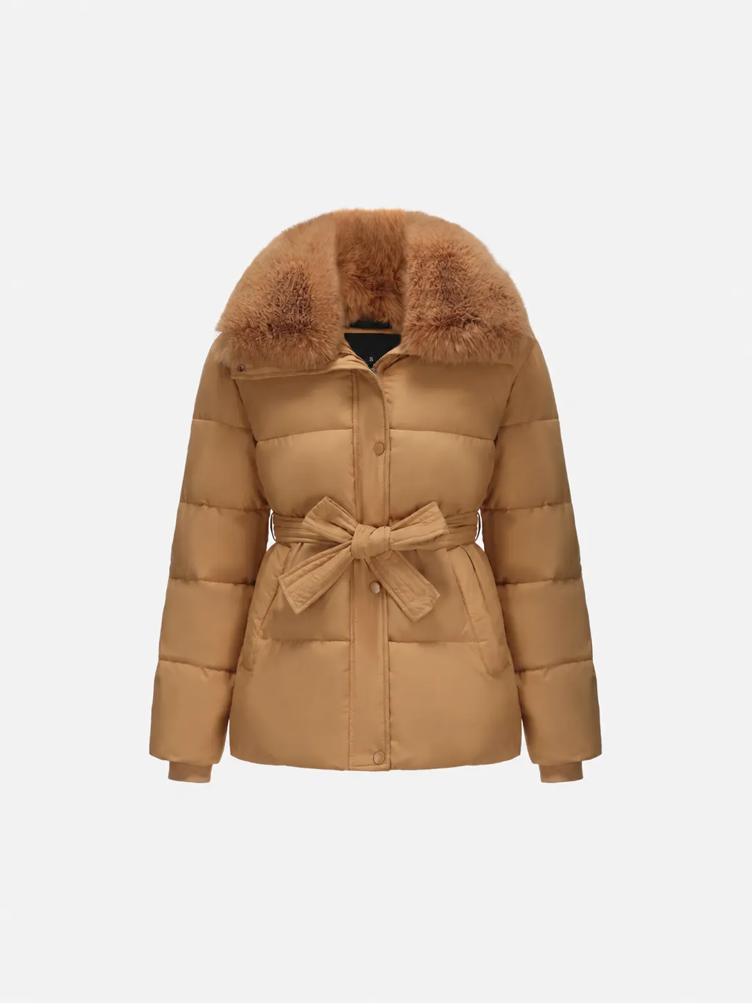 Beige Elevated Detachable Faux Fur Collar Puffer With Belt