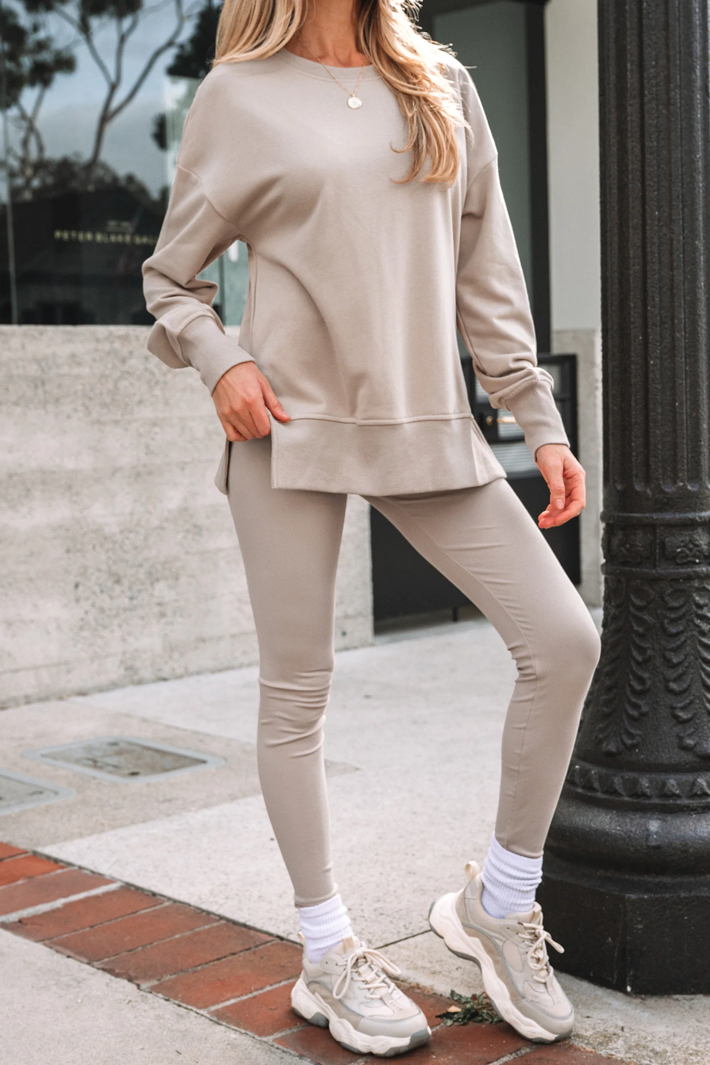 🔥Women's Solid Drop Shoulder Split Hem Sweatshirt & Pants Two-piece Set