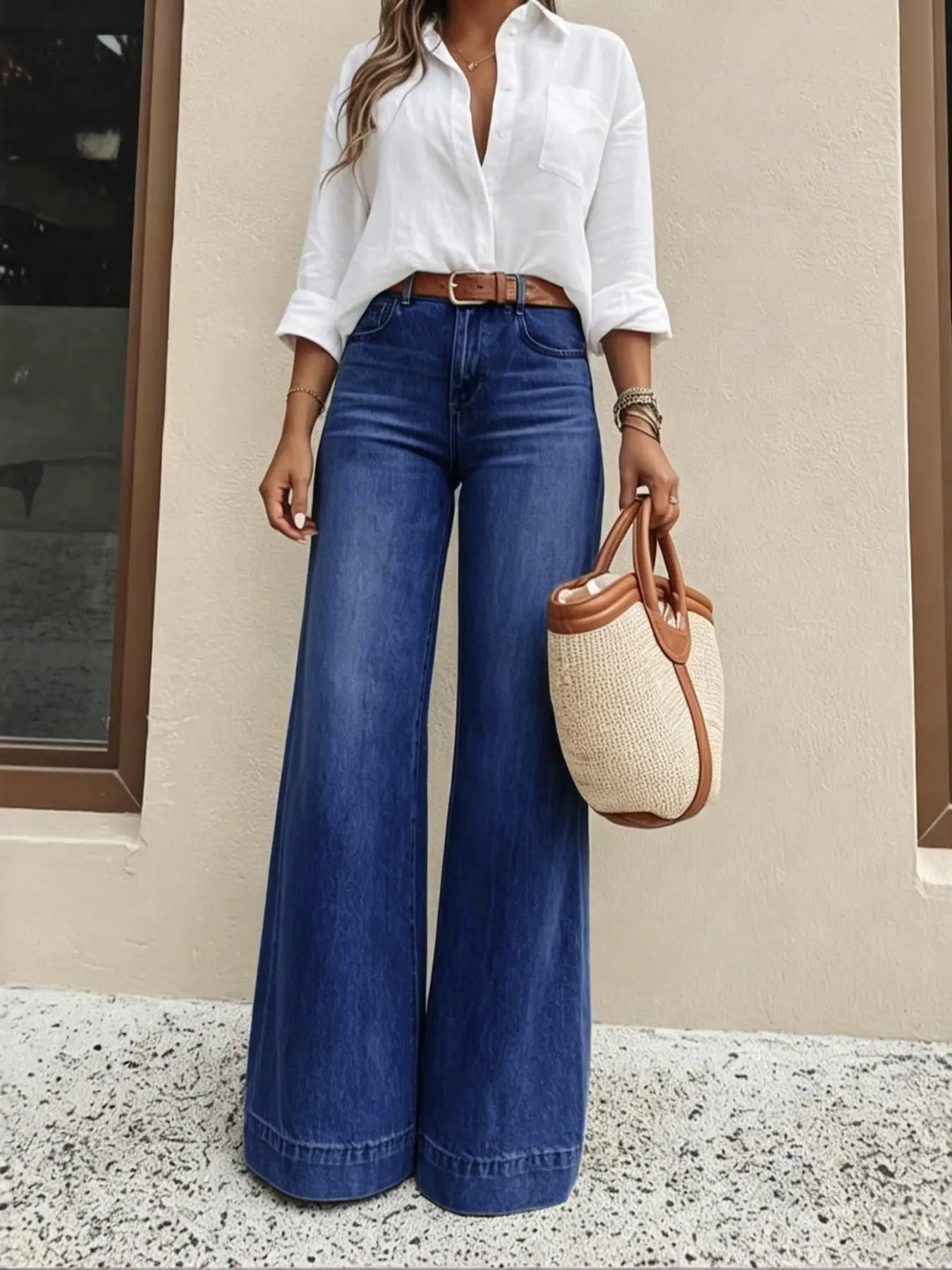 Women's Loose-Fit Jeans, High-Waisted Slimming Effect, Slight Stretch Casual Style, Simple and Versatile, All Seasons Wear