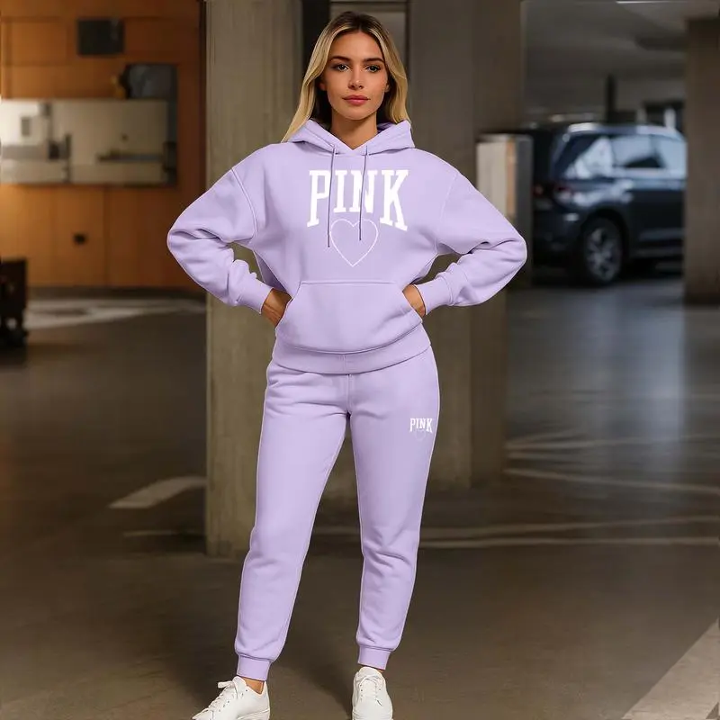 Women's Pink Heart Print Hoodie & Track Pants Set