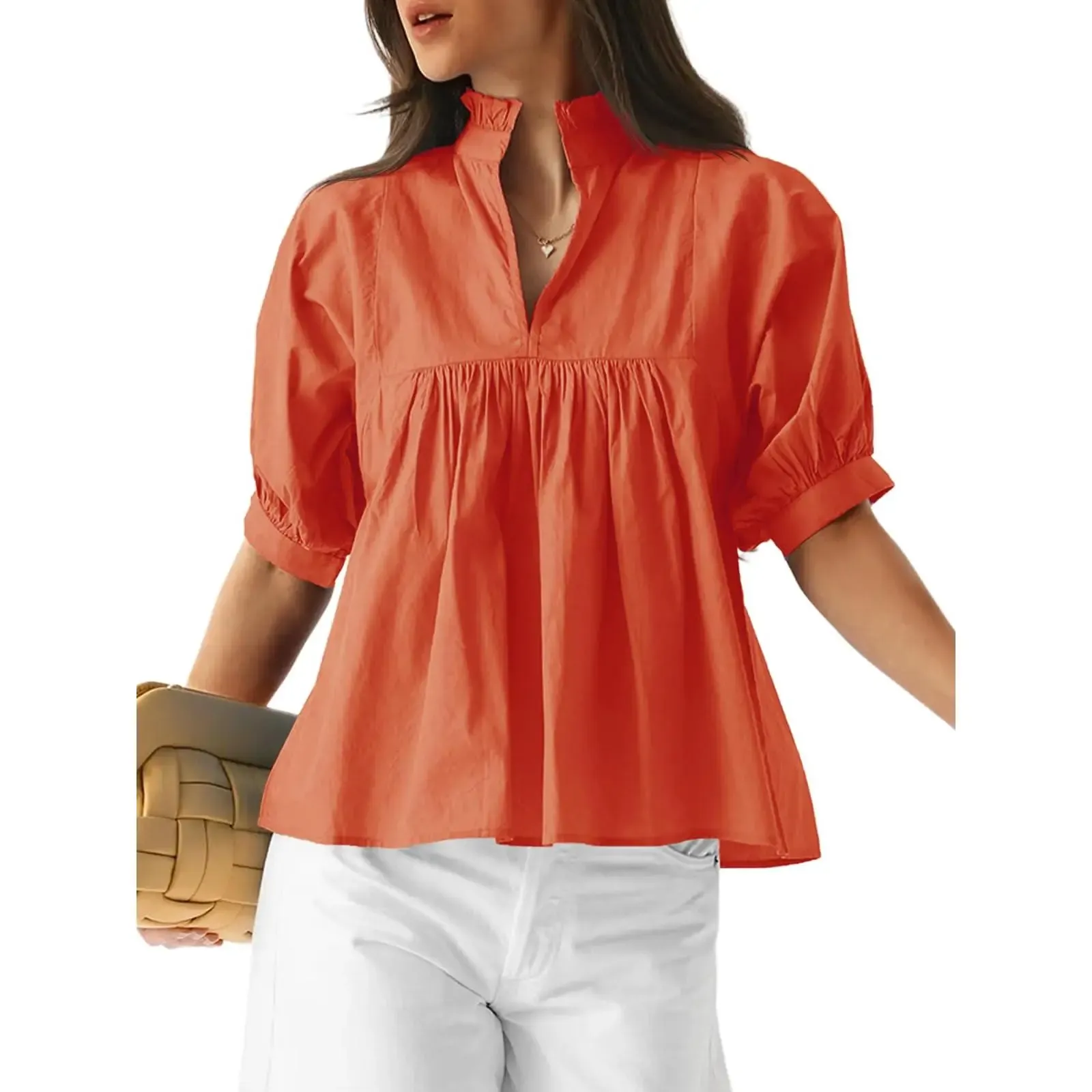 Womens V Neck Puff Sleeve Blouse Babydoll Peplum Tops Dressy Casual Pleated Loose Fit Shirts