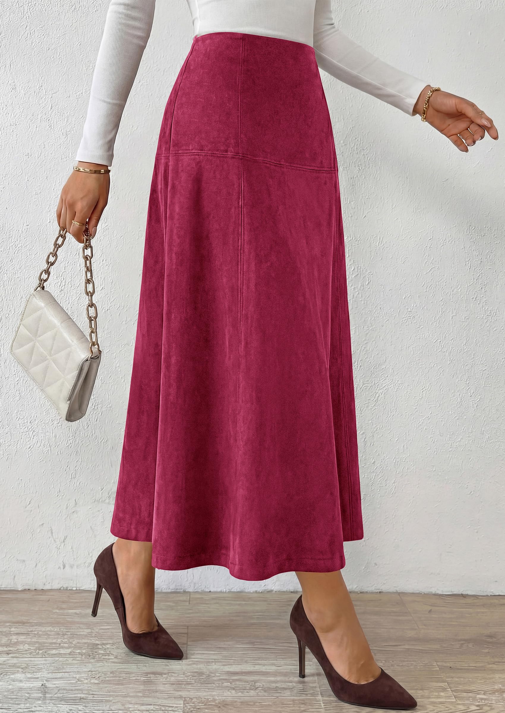 Womens High Waist Faux Suede A Line Midi Skirt,Wine Red,S